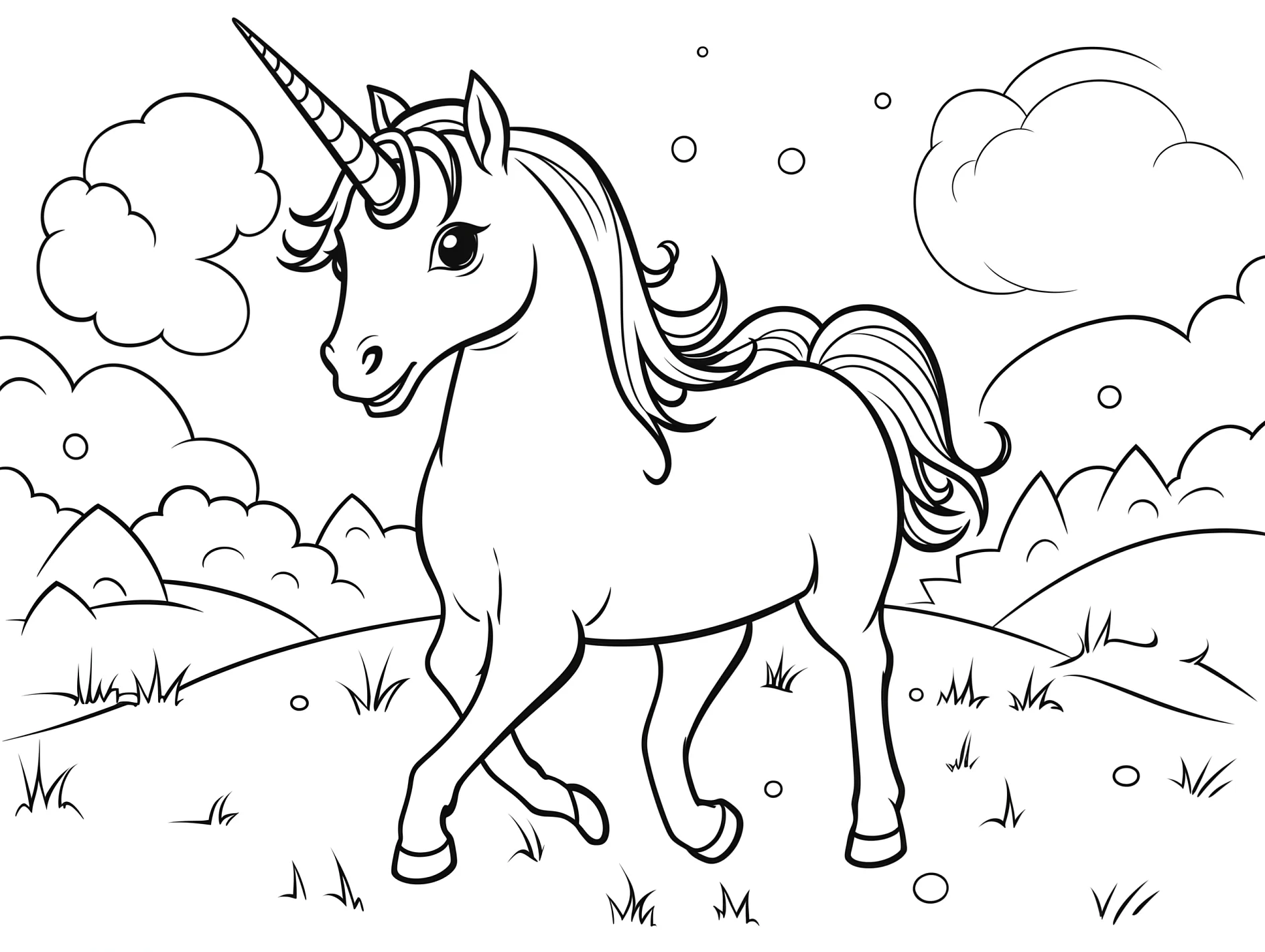 Vorlage Einhorn schreitend durch Naturkulisse zum Ausmalen Ausmalbild Einhorn schreitend durch Naturkulisse