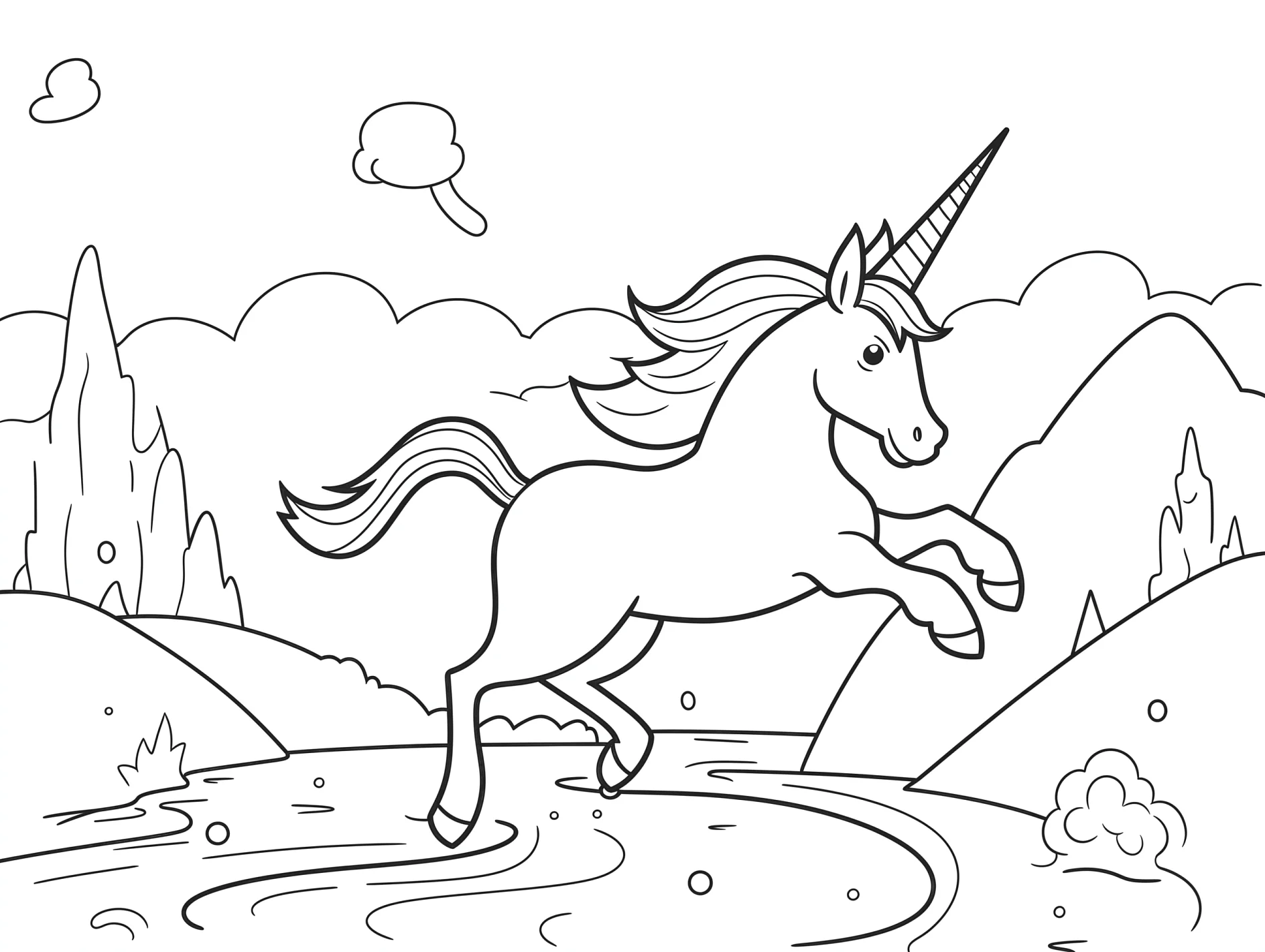 Vorlage Einhorn springend über Fluss zum Ausmalen Ausmalbild Einhorn springend über Fluss