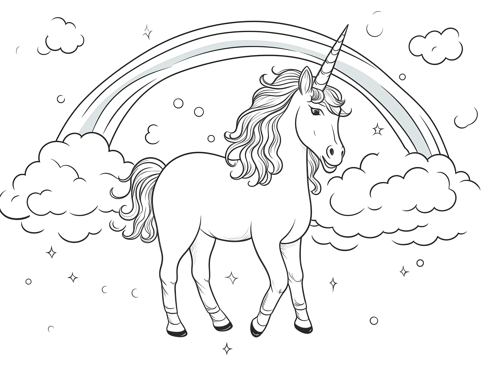 Vorlage Einhorn unter Regenbogen mit Sternen und Wolken zum Ausmalen Ausmalbild Einhorn unter Regenbogen mit Sternen und Wolken