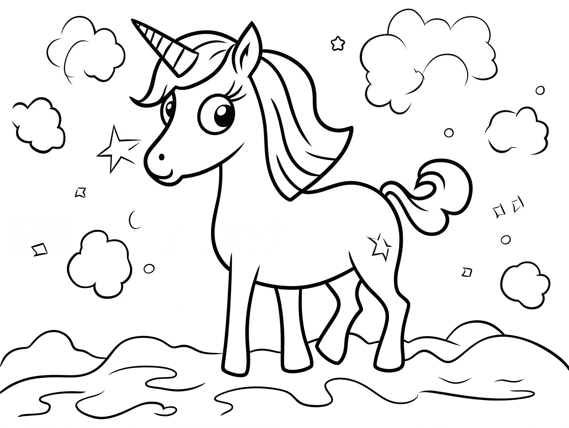 Vorlage Einhorn zwischen Sternen und Wolken zum Ausmalen Ausmalbild Einhorn zwischen Sternen und Wolken