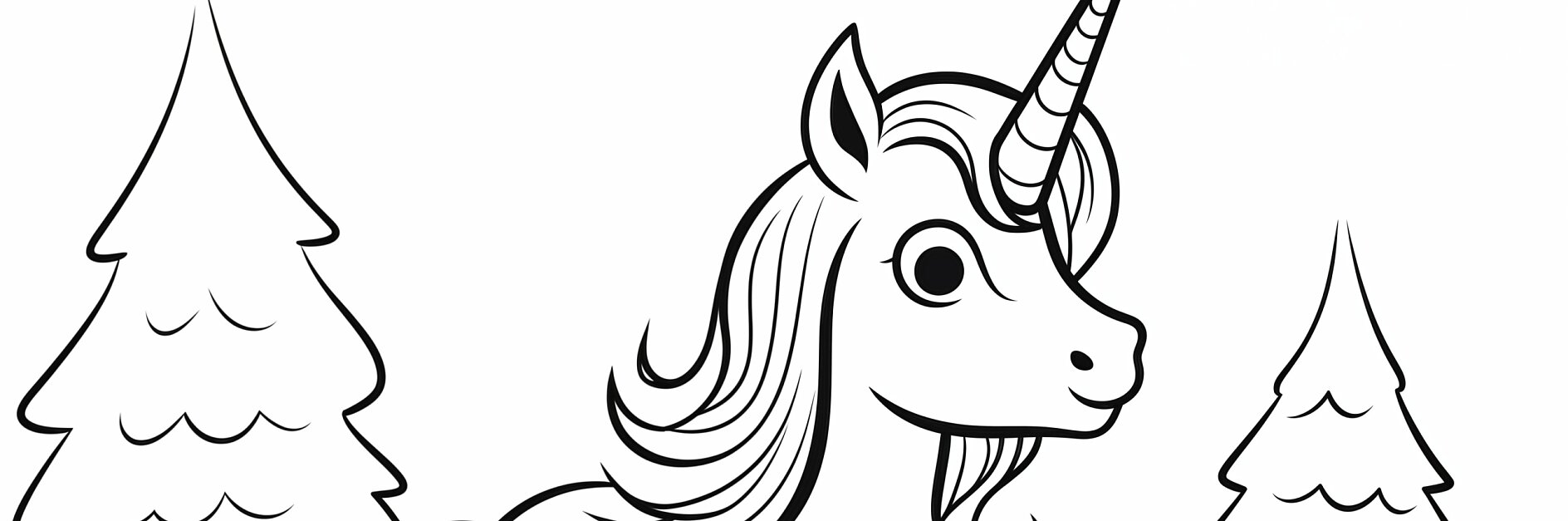 Ausmalbild Einhorn vor Tannenbäumen