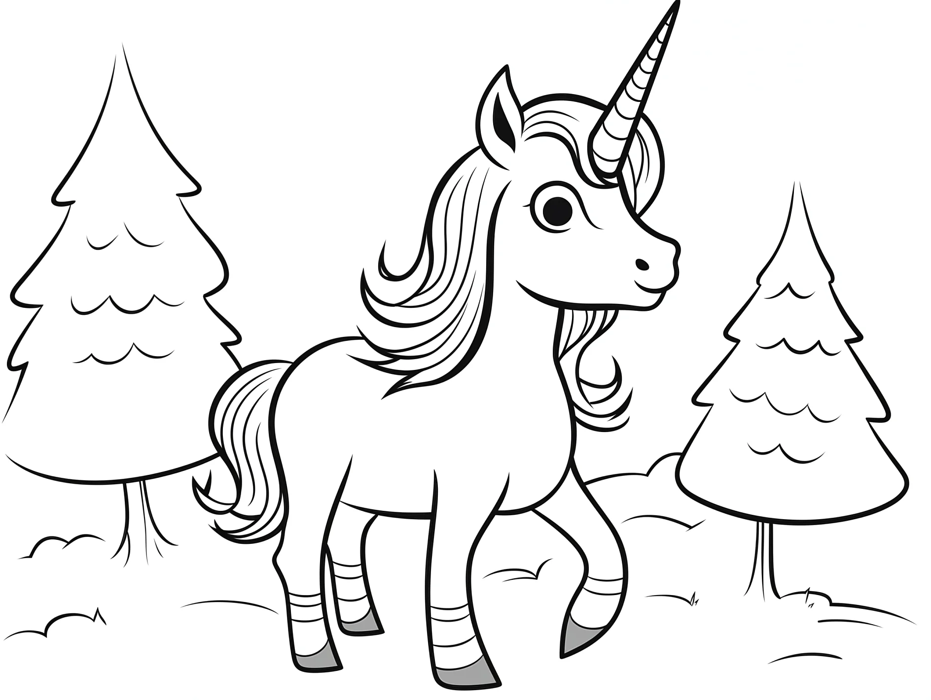 Vorlage Einhorn vor Tannenbäumen zum Ausmalen Ausmalbild Einhorn vor Tannenbäumen