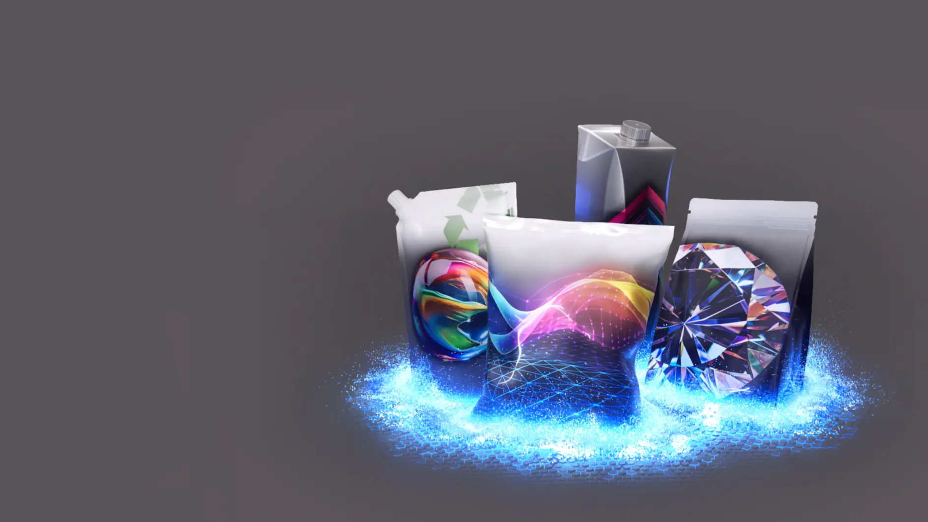 A collection of packaging designs on a dark background, featuring vibrant, colorful wave and geometric patterns. The packages are surrounded by a glowing blue aura, creating an eye-catching effect, using tesa tape to enhance the presentation.