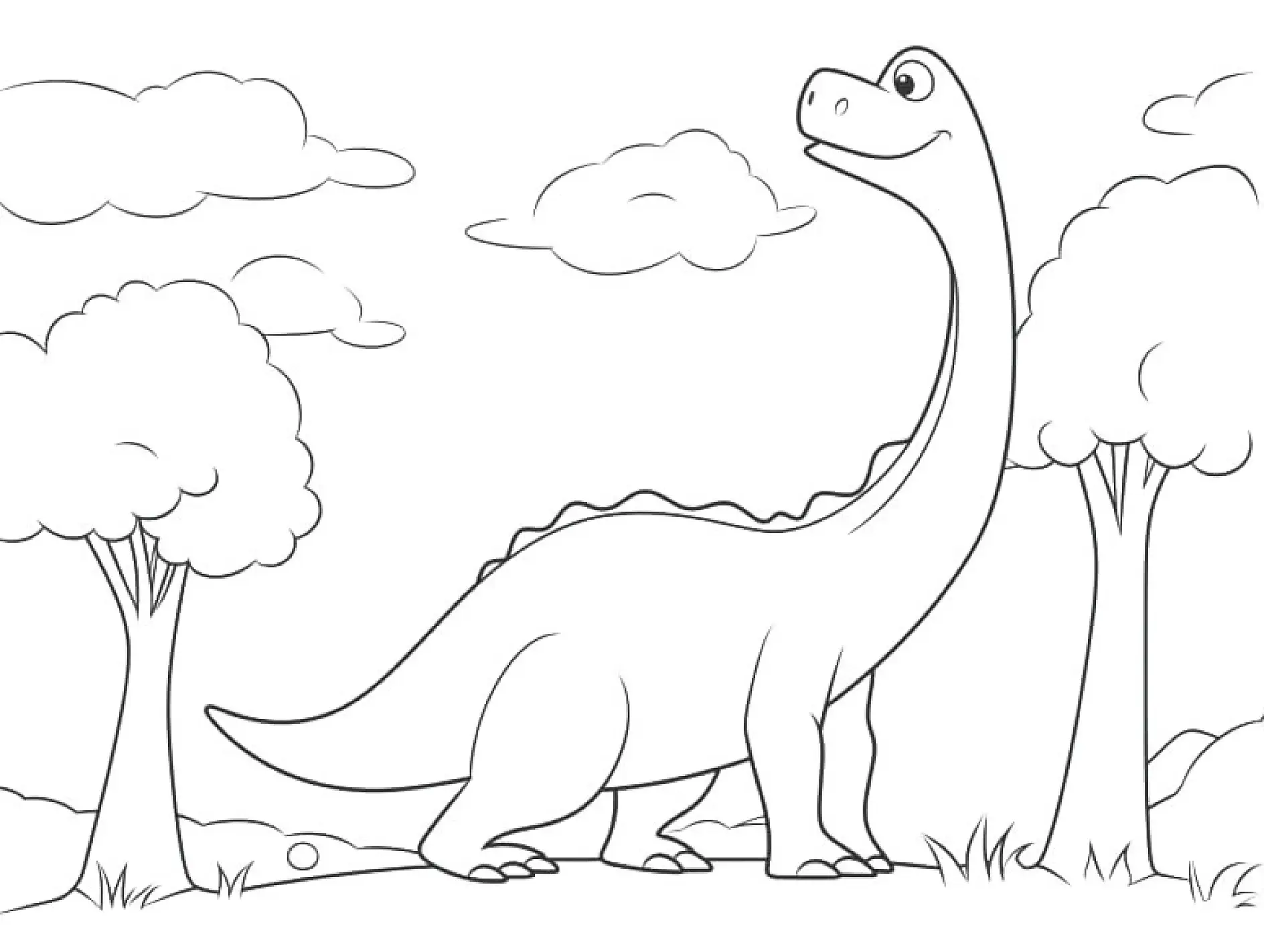 Ausmalbild Dinosaurier lächelt Wolken Bäume