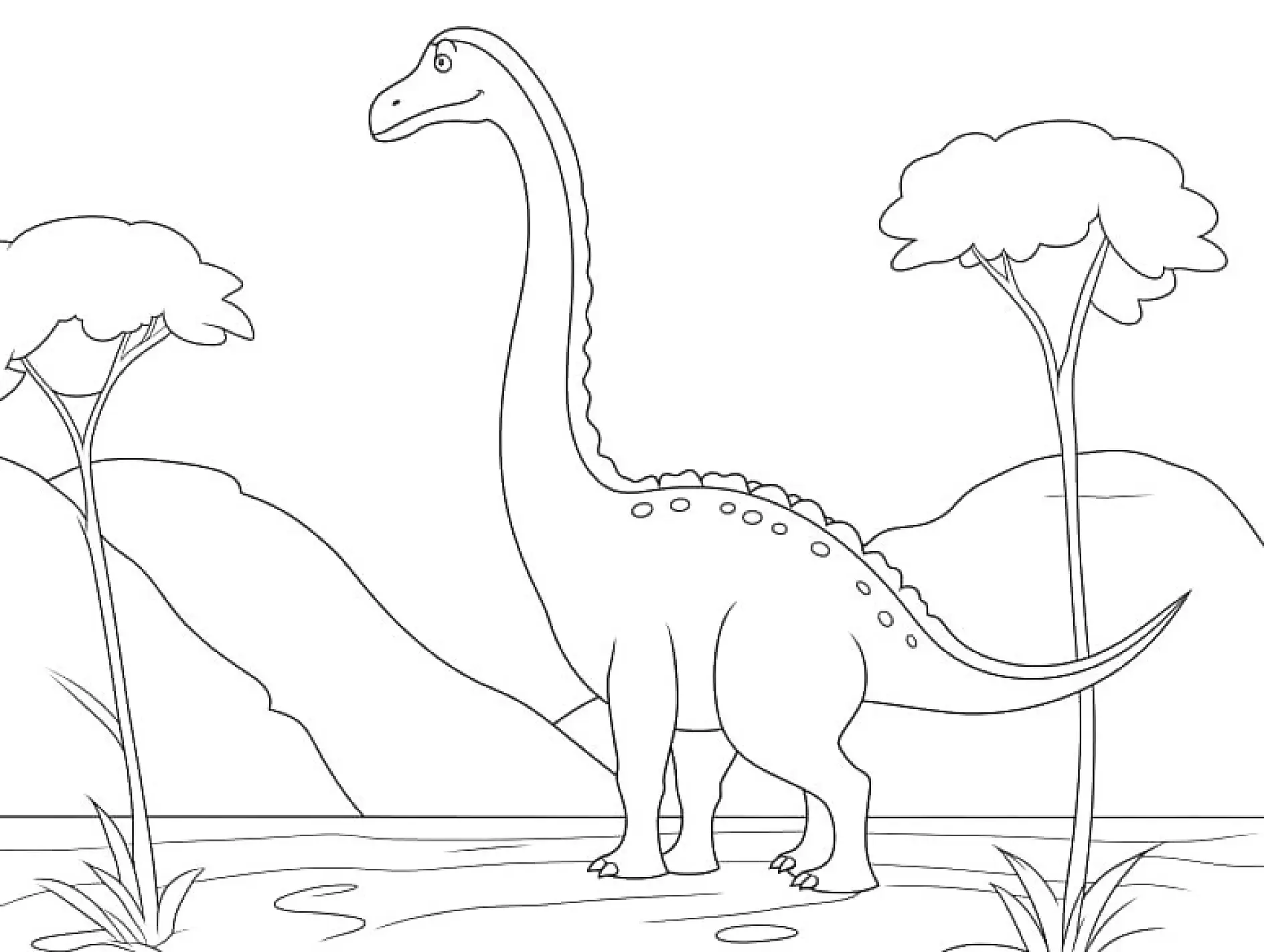 Ausmalbild Dinosaurier mit langem Hals Bäume
