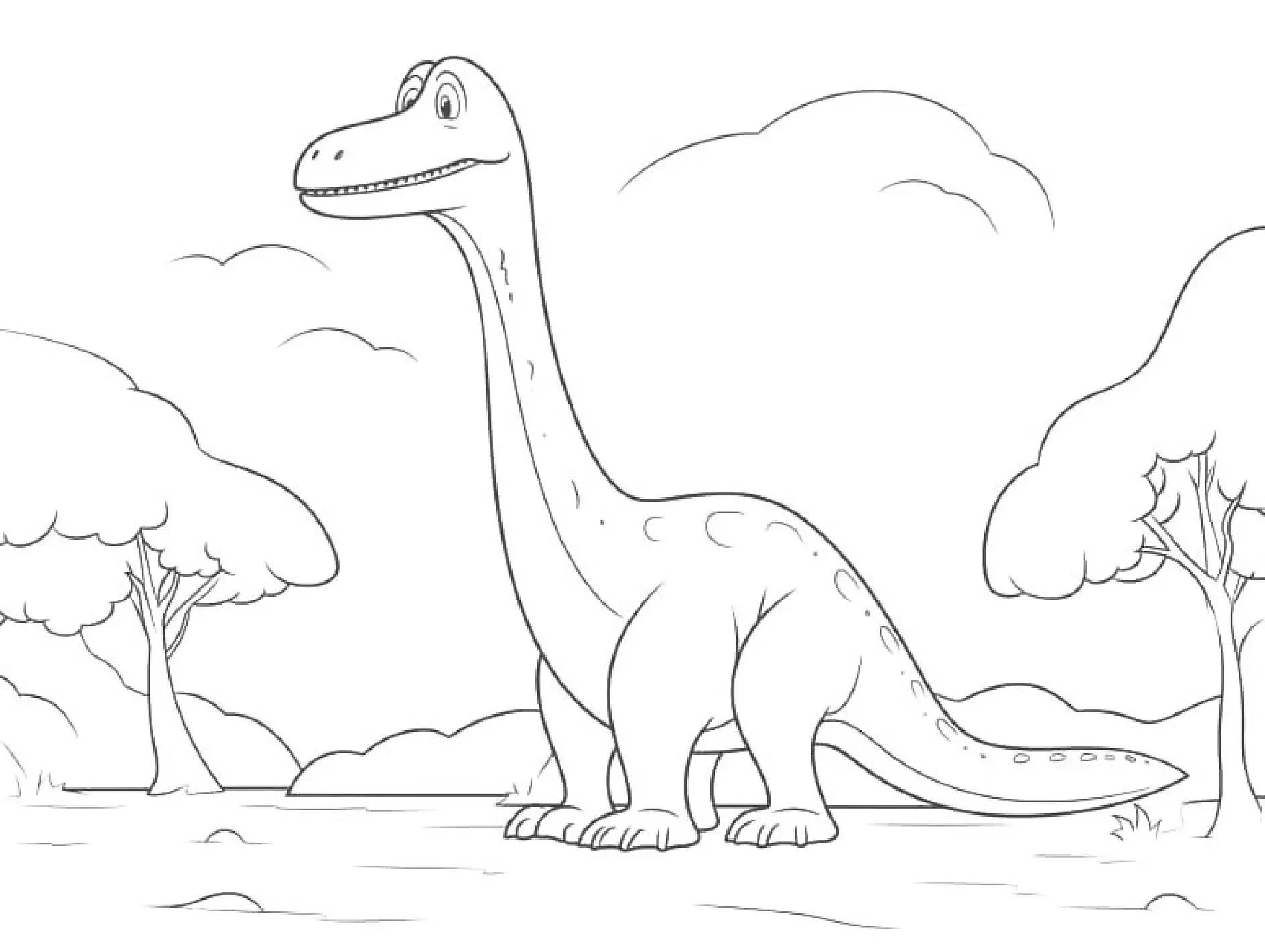 Ausmalbild Dinosaurier mit langem Hals lächelt unter Wolken