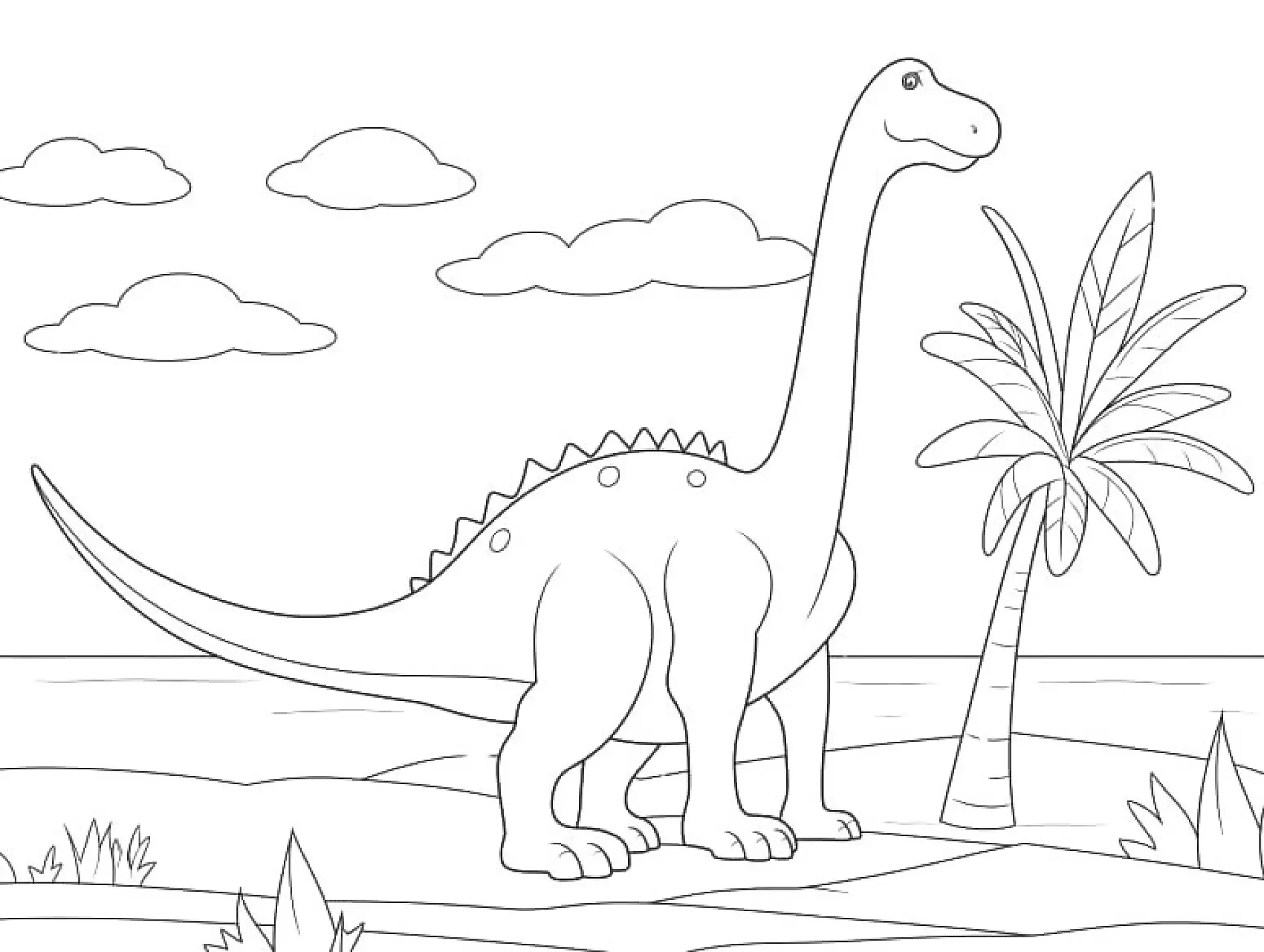 Ausmalbild Dinosaurier mit langem Hals Landschaft