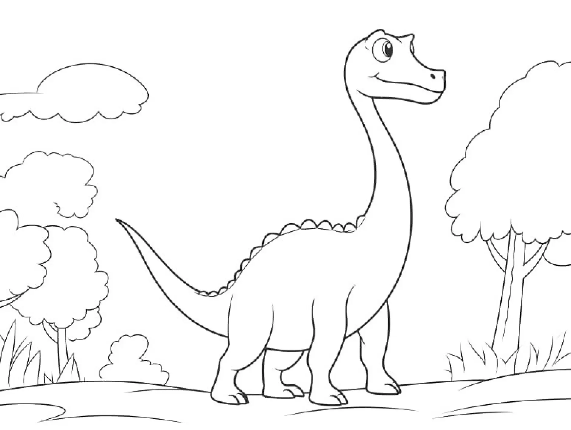 Ausmalbild Dinosaurier mit langem Hals steht neugierig zwischen Bäumen