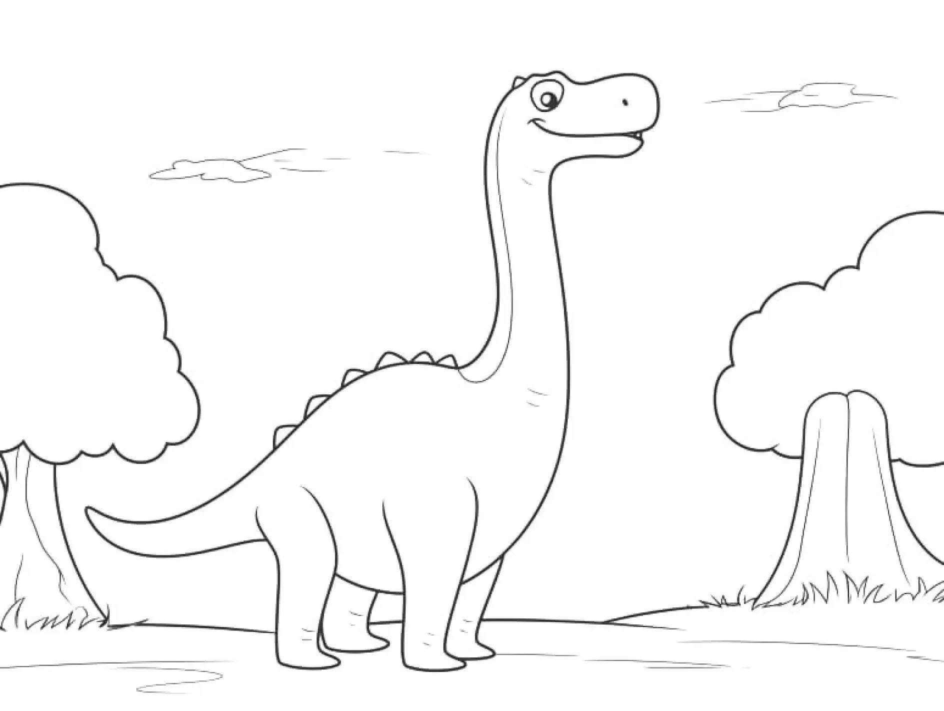 Ausmalbild Dinosaurier mit langem Hals unter Bäumen