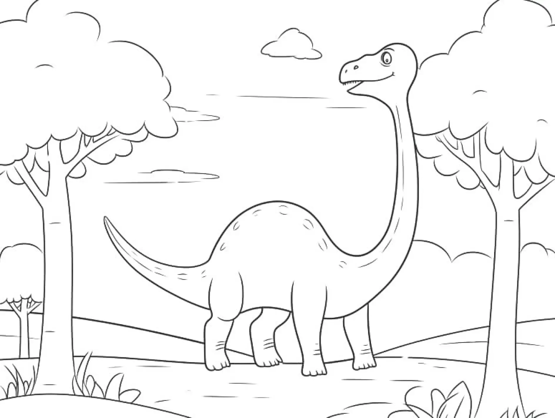 Ausmalbild Dinosaurier mit langem Hals zwischen Bäumen