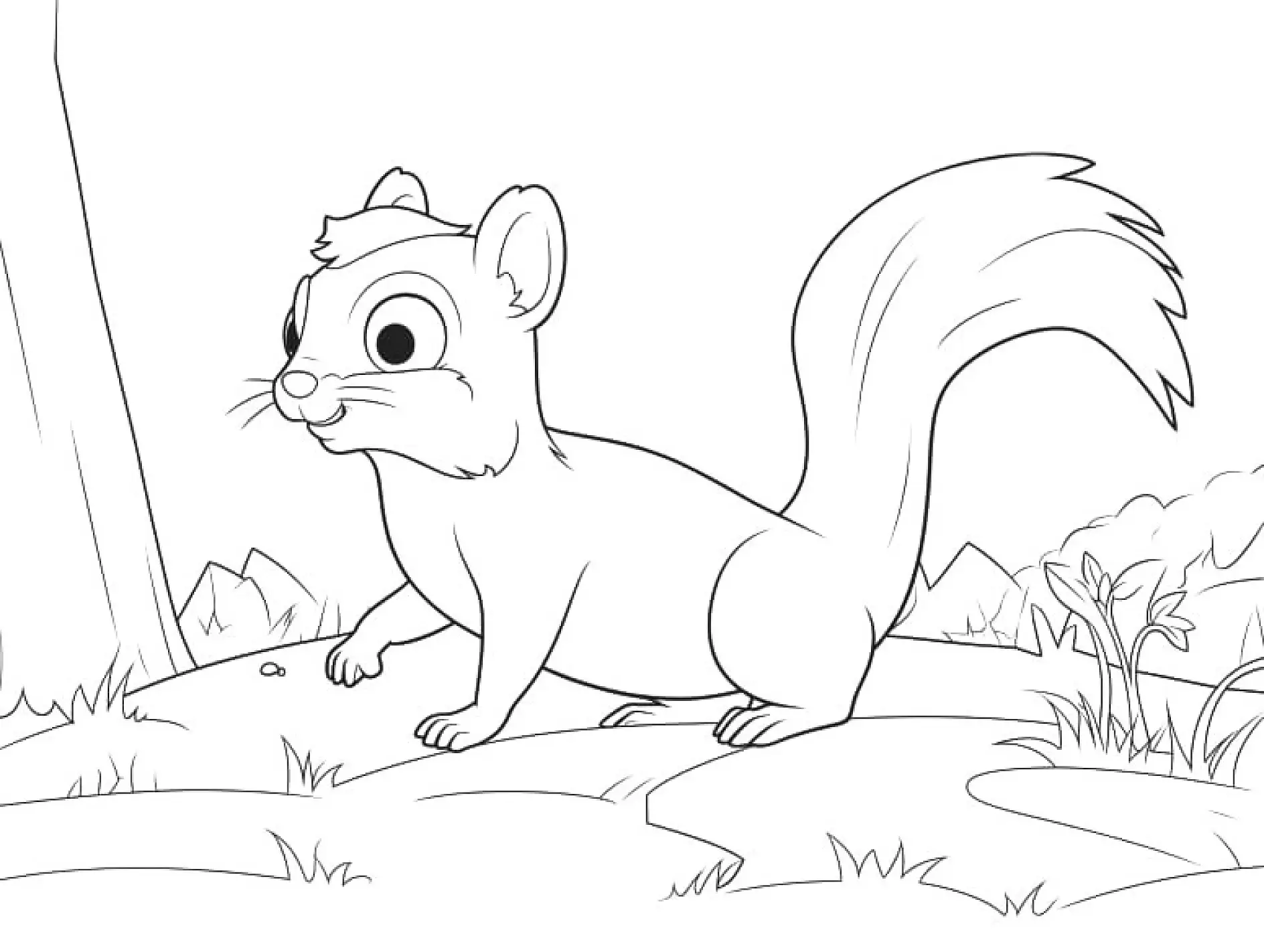Ausmalbild Eichhörnchen erkundet neugierig das Gelände