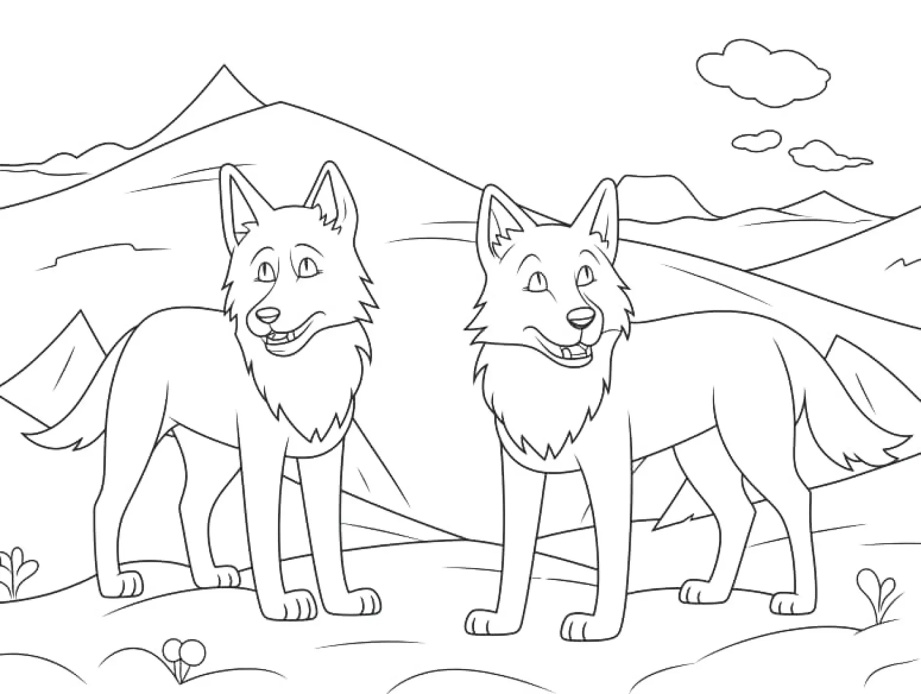 Ausmalbild von zwei Wölfen vor einer Berglandschaft