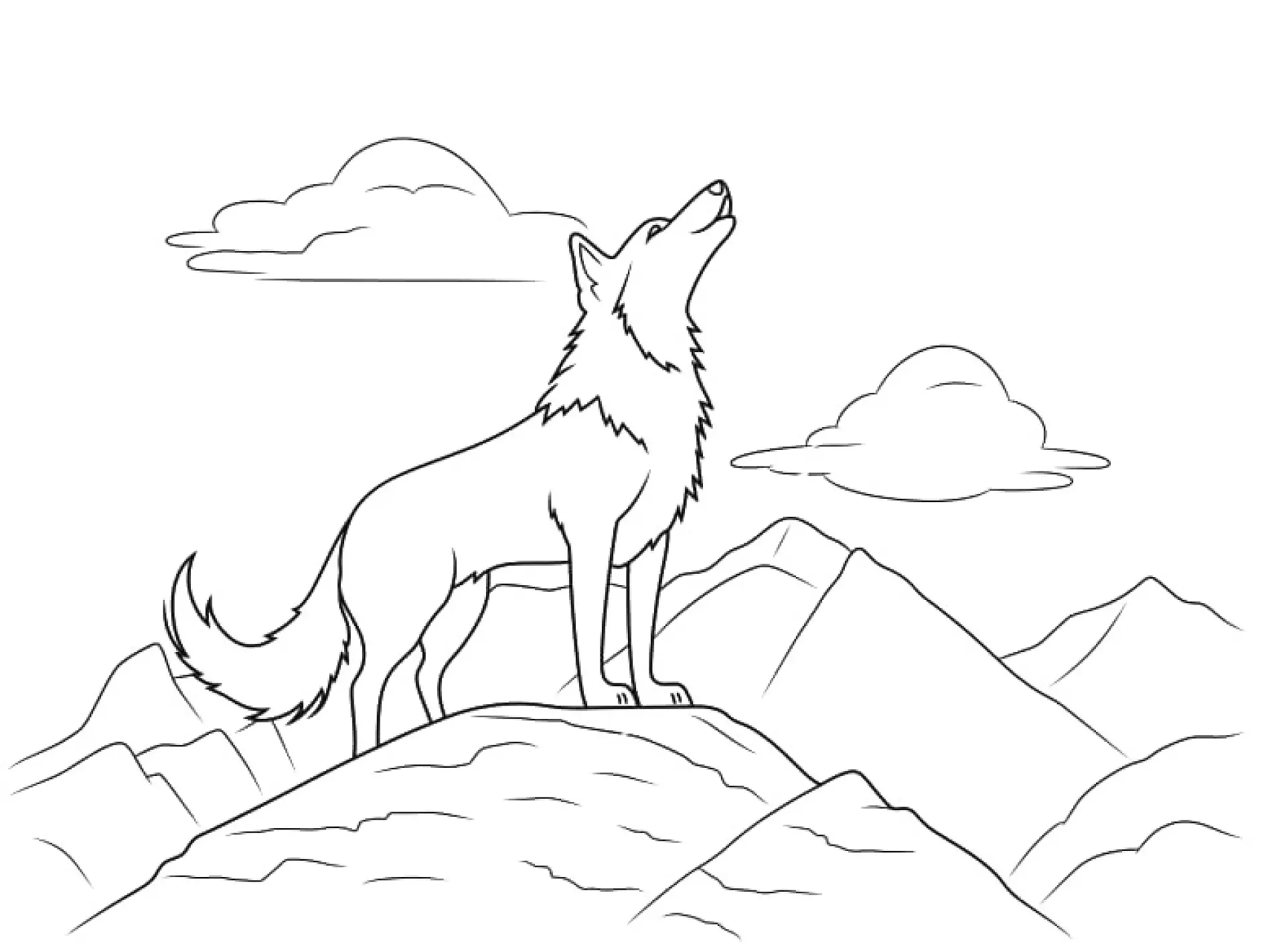 Ausmalbild Wolf heult auf Berggipfel