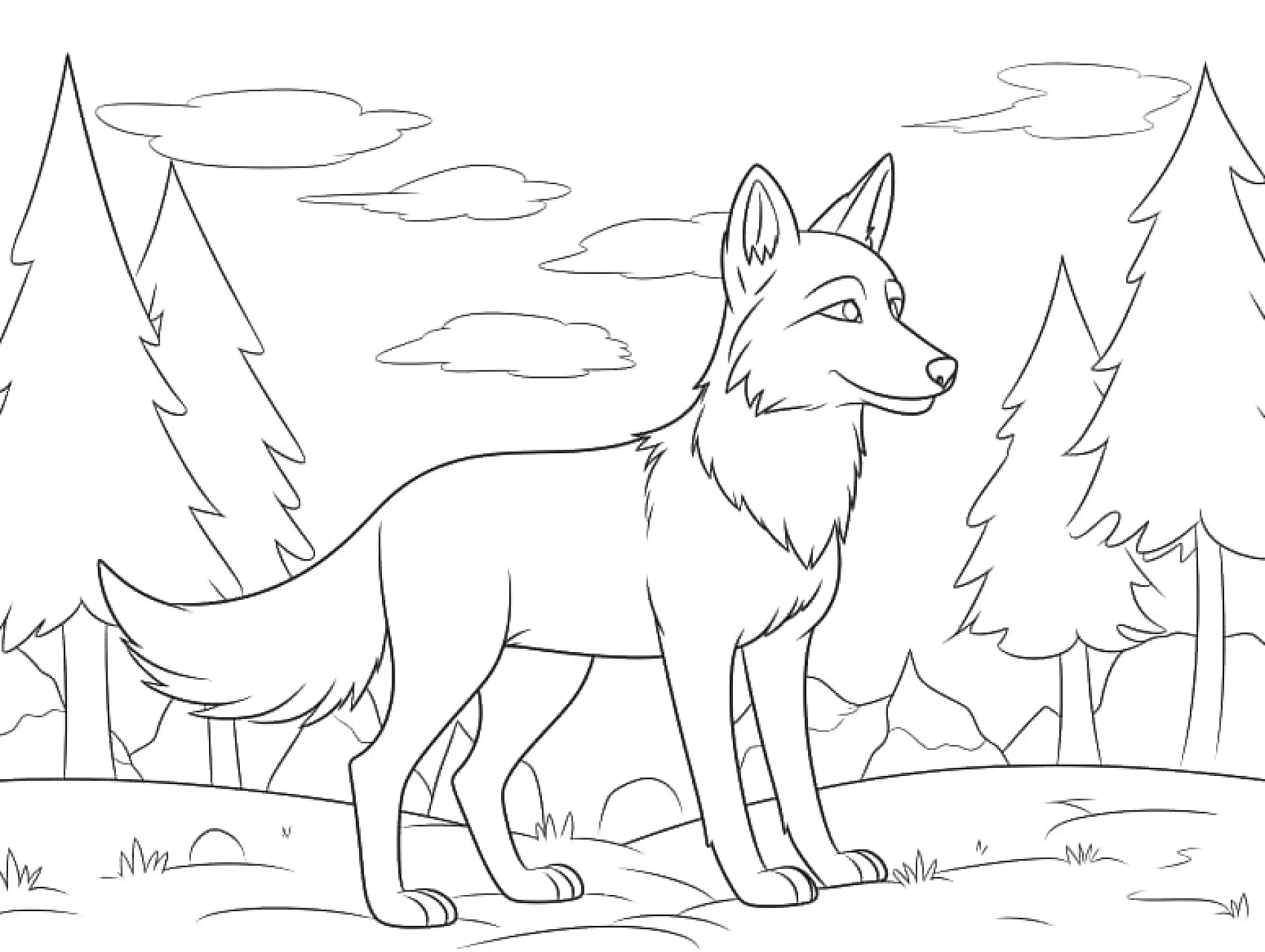 Ausmalbild Wolf steht aufmerksam im Wald