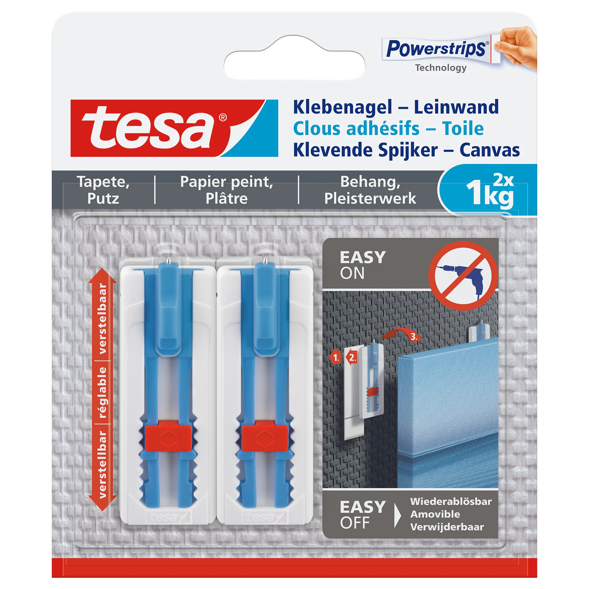 tesa powerstrips adhesive hooks for canvas, indoor use, hold up to 1kg, reusable and easy to apply, shown with hooks and mounting example (This text has been generated by AI)