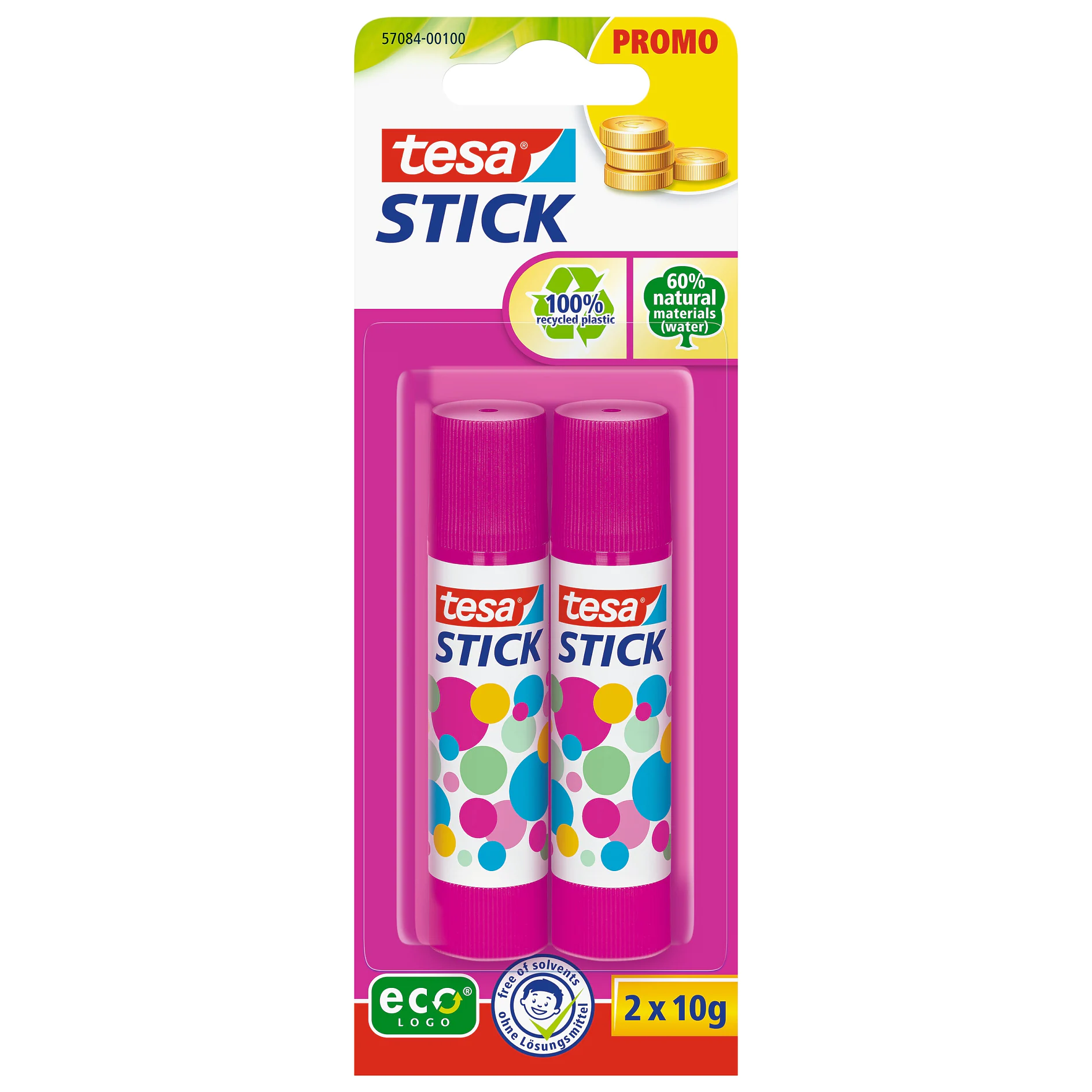 Two tesa stick glue sticks with colorful polka dot packaging, displayed on a promotional card in an indoor retail setting. (This text has been generated by AI)
