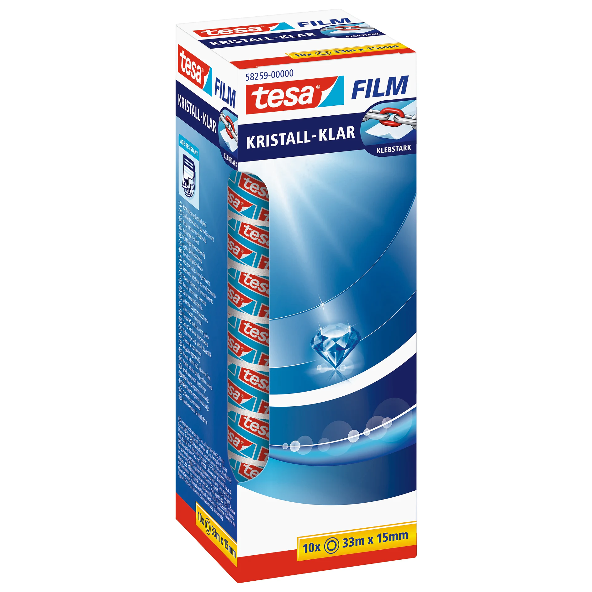 tesa film kristall-clear adhesive tape in blue and white packaging, 33m length, 15mm width, displayed against a white background (This text has been generated by AI)