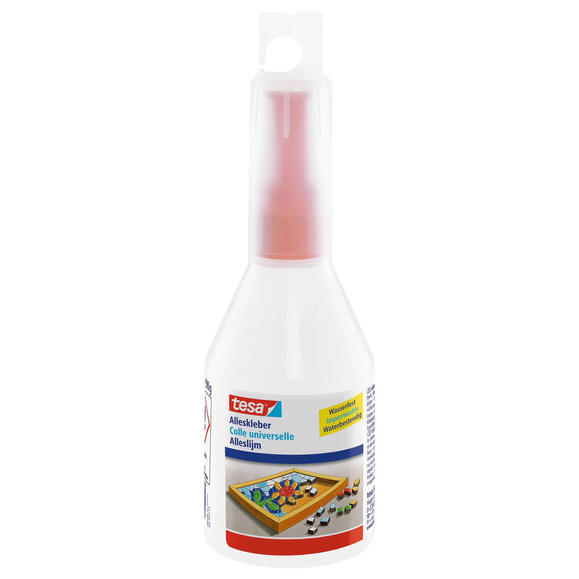tesa adhesive glue bottle with precision nozzle, designed for crafting and household use, shown on a white background (This text has been generated by AI)