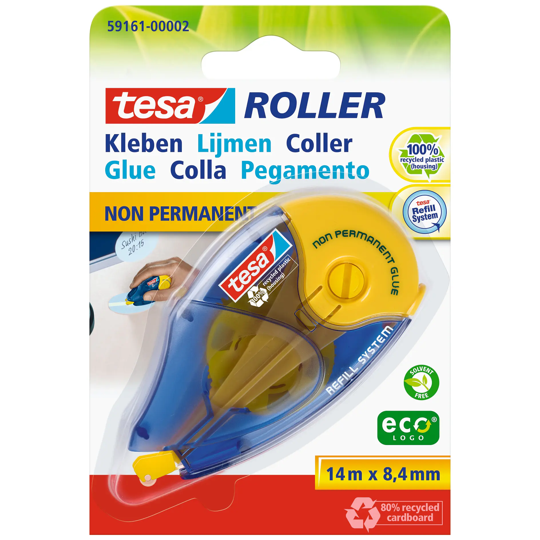 tesa roller adhesive tape dispenser in blue and yellow packaging, labeled non-permanent, 14m x 8.4mm, eco-friendly with 80% recycled content (This text has been generated by AI)