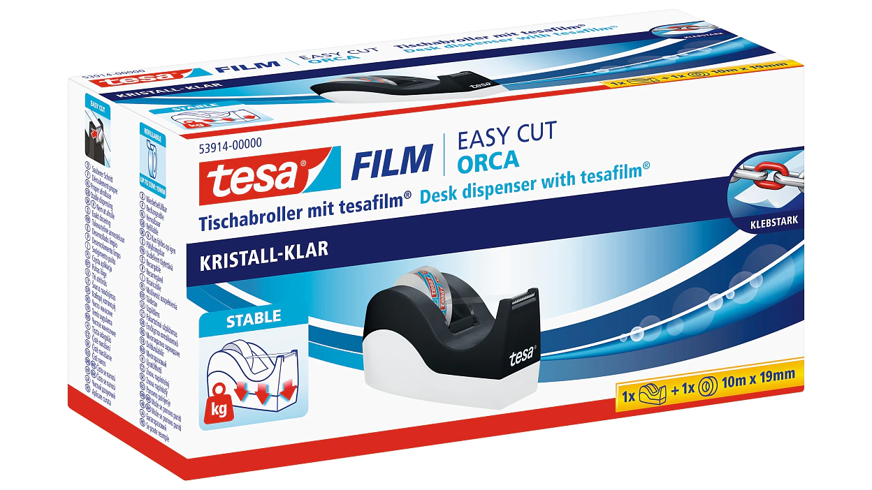 [en-en] 1 x tesafilm Crystal-clear 10m x 19mm + Orca Dispenser, Folding Box, Transparent tapes, Dispenser