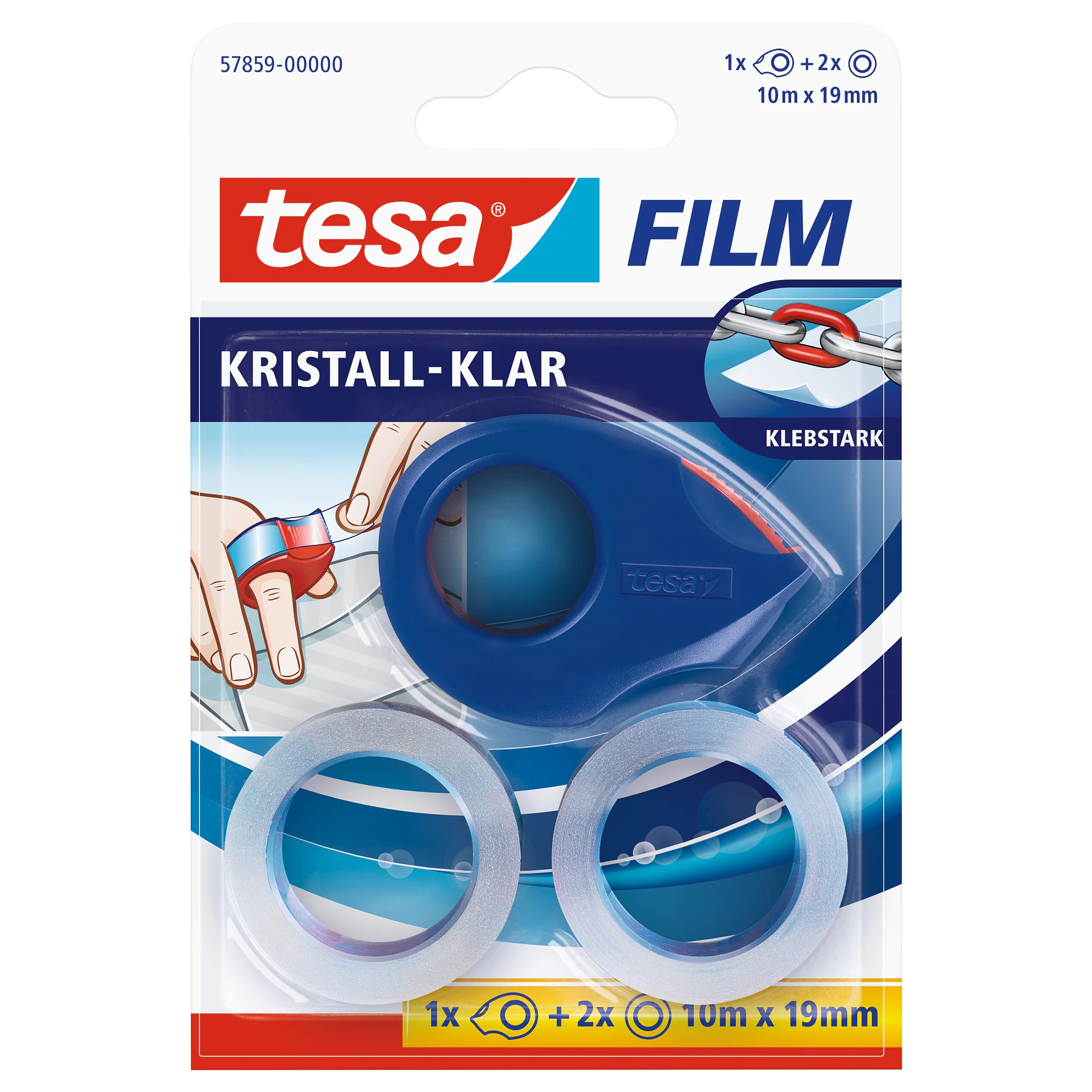 tesa film kristall-clear adhesive tape dispenser with two refill rolls on white background, packaging shows tape dimensions and brand logo (This text has been generated by AI)