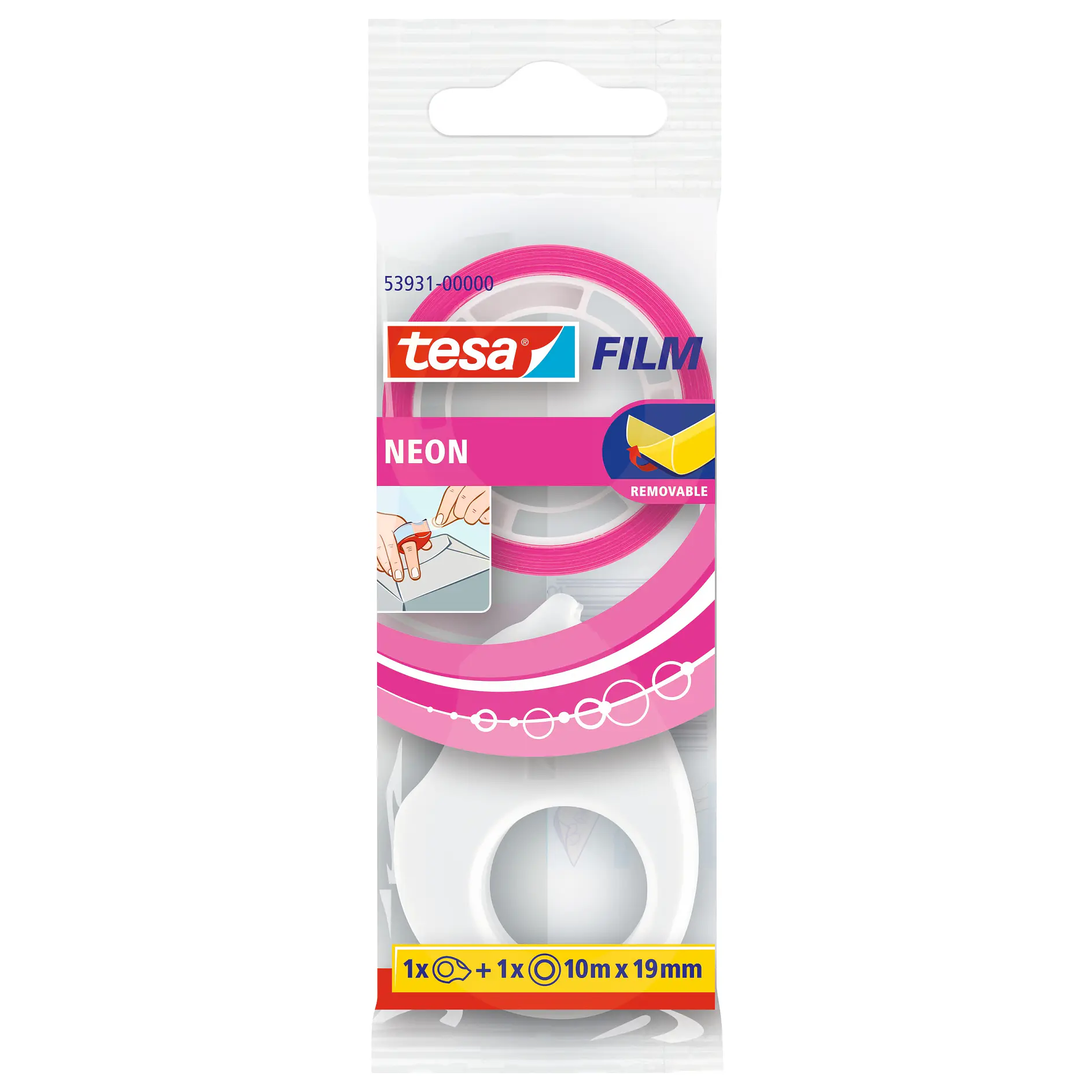 tesa neon film tape rolls in white packaging, showing two rolls of adhesive tape for crafting or office use, displayed indoors. (This text has been generated by AI)