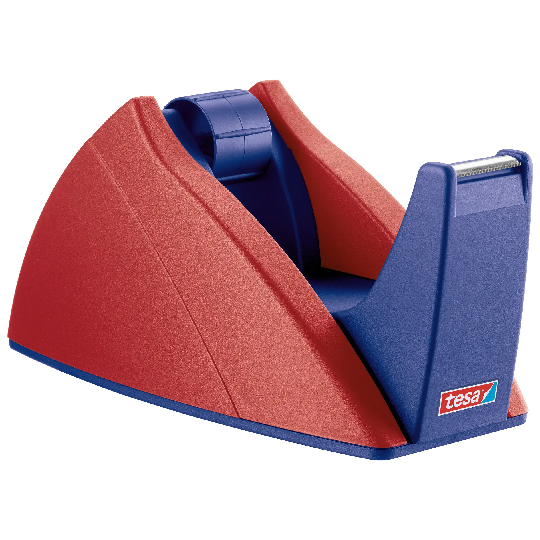red and blue tesa tape dispenser holding a roll of blue adhesive tape on a white background (This text has been generated by AI)