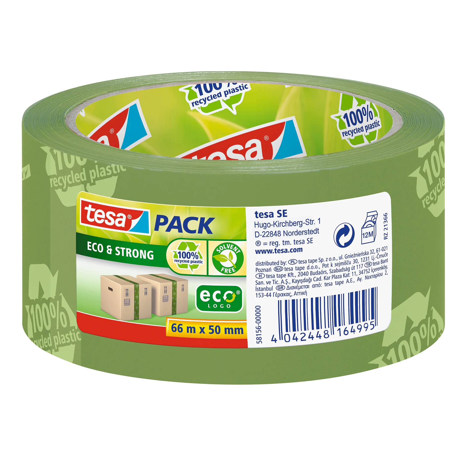tesa eco & strong packing tape roll with green label, 66m length and 50mm width, shown on white background (This text has been generated by AI)