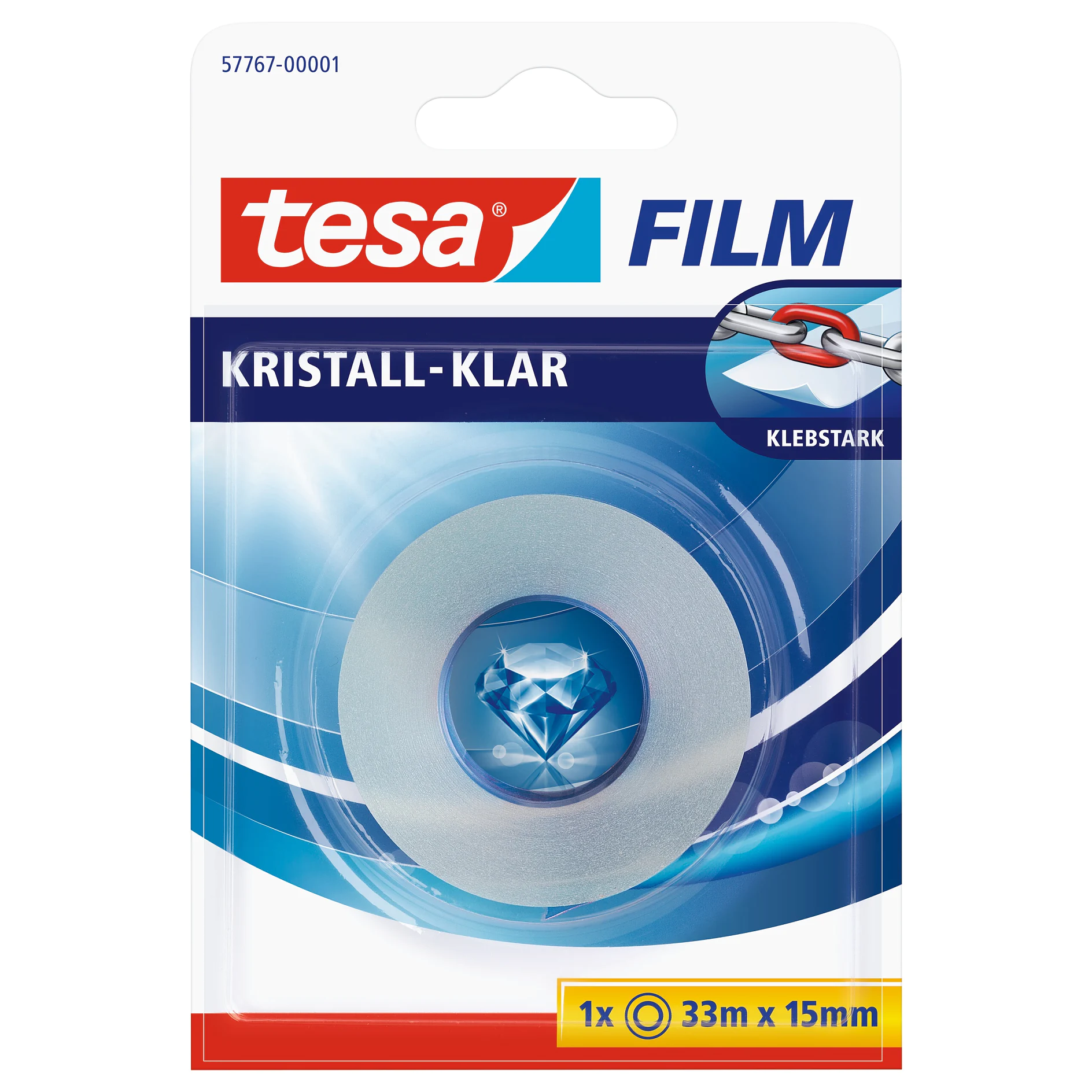 tesa film kristall-clear adhesive tape roll in plastic packaging with blue and white design, 33m x 15mm size, indoor product display (This text has been generated by AI)