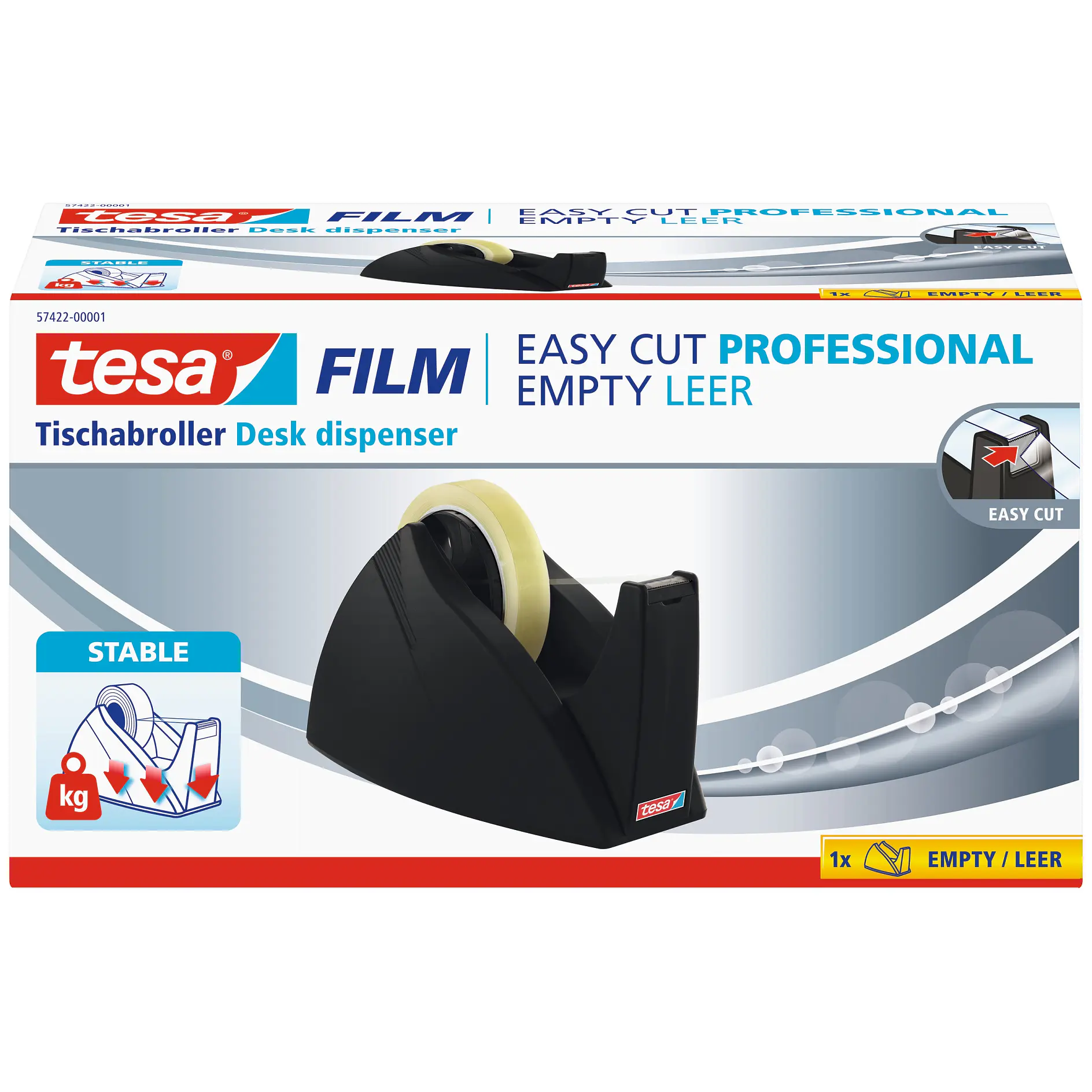 tesa desk tape dispenser with black body and yellow tape roll, shown in product packaging with cutting blade and easy-cut features, indoor setting (This text has been generated by AI)