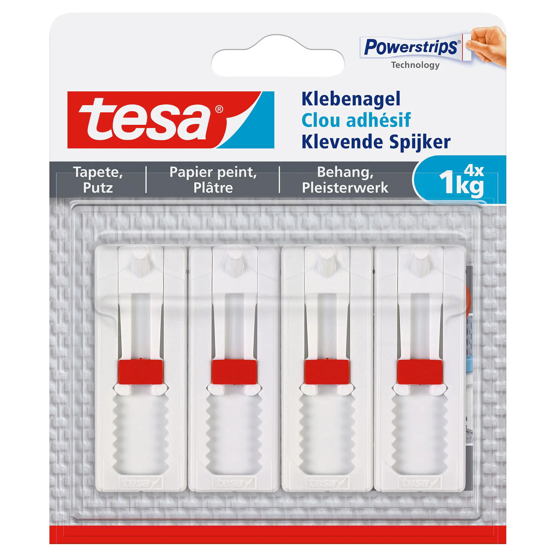 tesa adhesive strips pack with four white and red hooks, designed for indoor wall mounting, displayed in retail packaging. (This text has been generated by AI)