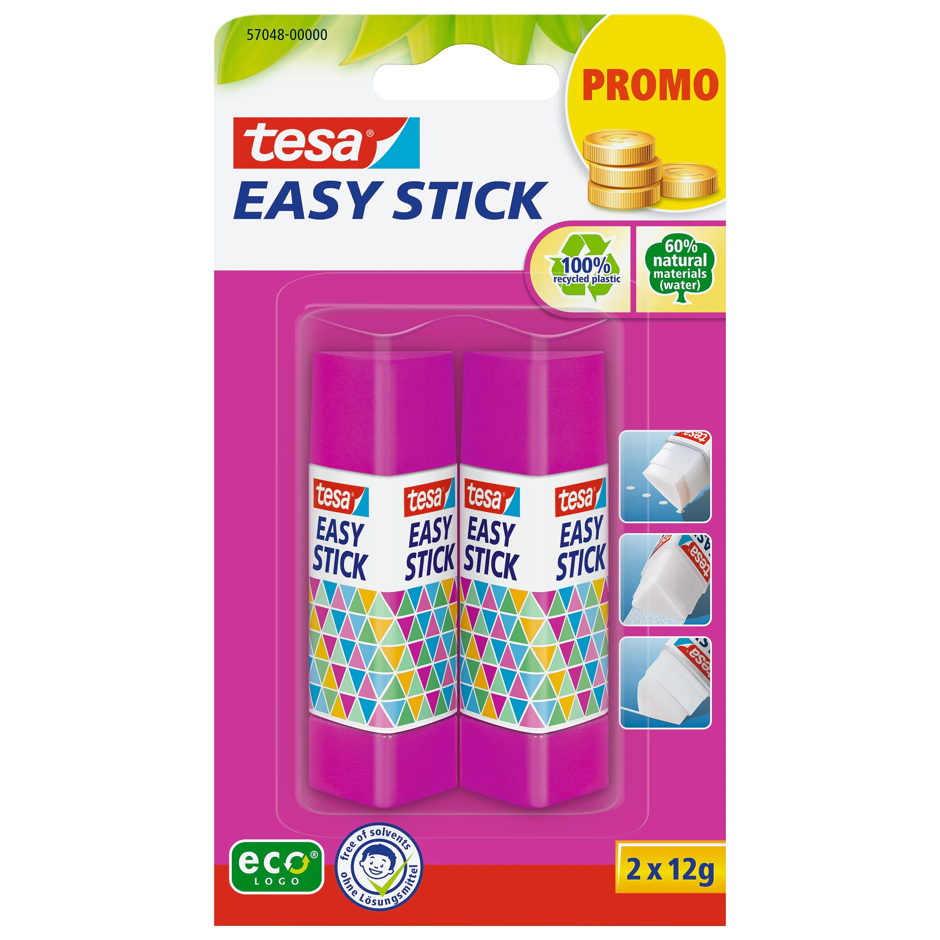 tesa easy stick glue sticks pack of four with colorful geometric design, eco-friendly label, and promotional offer on retail packaging (This text has been generated by AI)