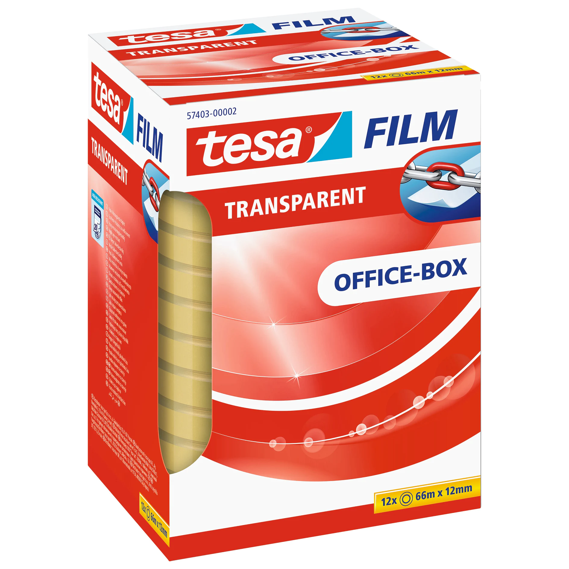 tesa transparent adhesive film rolls in a red and white office-box packaging, displayed against a white background (This text has been generated by AI)