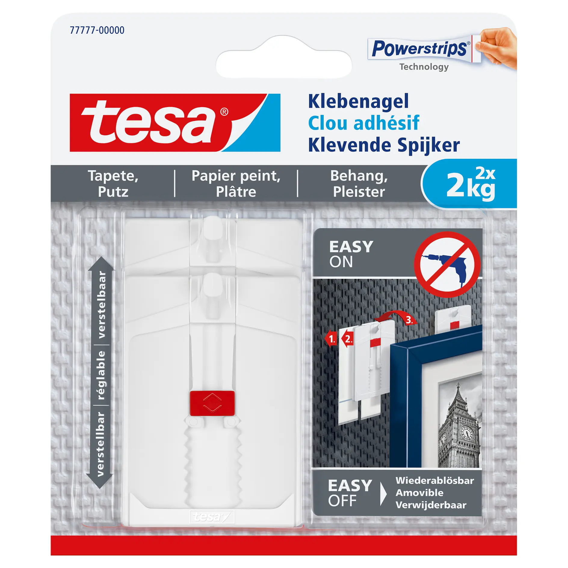 tesa Powerstrips adhesive wall hooks packaging showing a white hook with red accents, suitable for indoor use, holding a framed picture. (This text has been generated by AI)