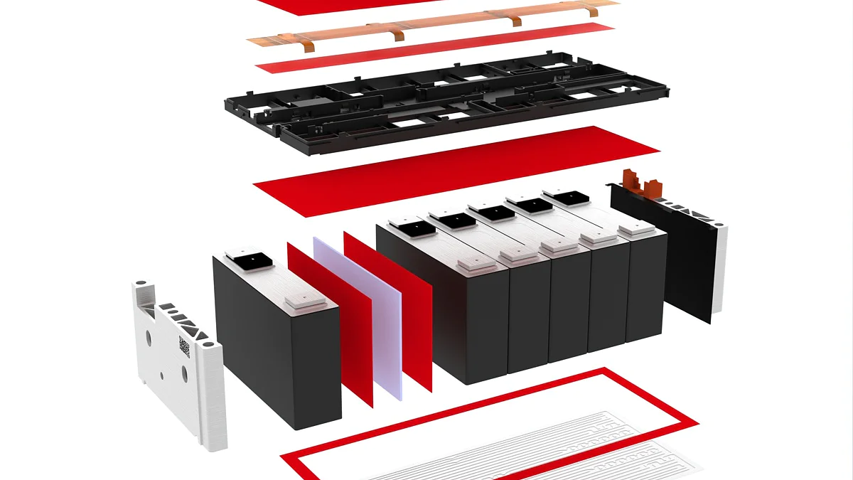 Energy storage battery pack illustration_transparent-Screen Explosionszeichnung eines Batteriepacks mit mehreren Schichten und Komponenten. Enthält Gehäuse, Zellen, Separatoren, leitfähige Materialien und Isolierschichten, alle vertikal in Reihe angeordnet und mit Tesa-Klebeband zusammengehalten. (This text has been generated by AI)
