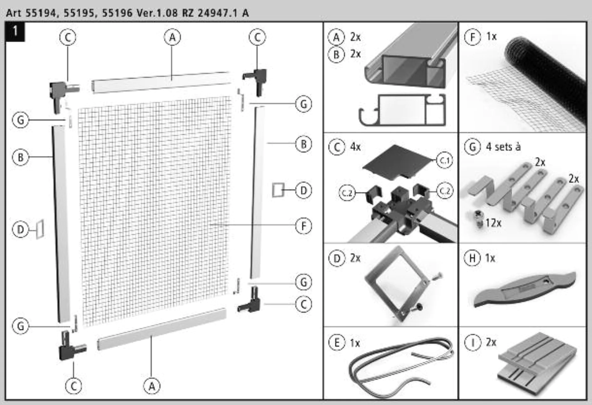 Eine illustrierte Montageanleitung für einen Bausatz mit verschiedenen Komponenten. Zu den Artikeln gehören Metallrahmen, Gitter, Verbindungsstücke, Halterungen, Schrauben, Gummidichtungen, Tesa-Klebebandrollen und ein Sieb-Spline-Rollenwerkzeug. Jedes Teil ist mit einem Buchstaben beschriftet und zeigt Mengendetails. (This text has been generated by AI)