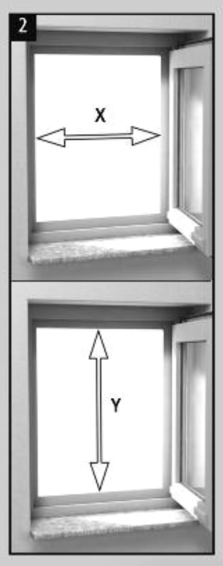 Zwei Graustufenbilder zeigen ein geöffnetes Fenster mit Pfeilen. Im oberen Bild ist ein horizontaler Pfeil mit der Beschriftung „X“ zu sehen, der die Breite darstellt. Im unteren Bild ist ein vertikaler Pfeil mit der Beschriftung „Y“ zu sehen, der die Höhe angibt. Beide Pfeile sind mit Tesa-Klebeband innerhalb des Fensterrahmens eingezeichnet. (This text has been generated by AI)