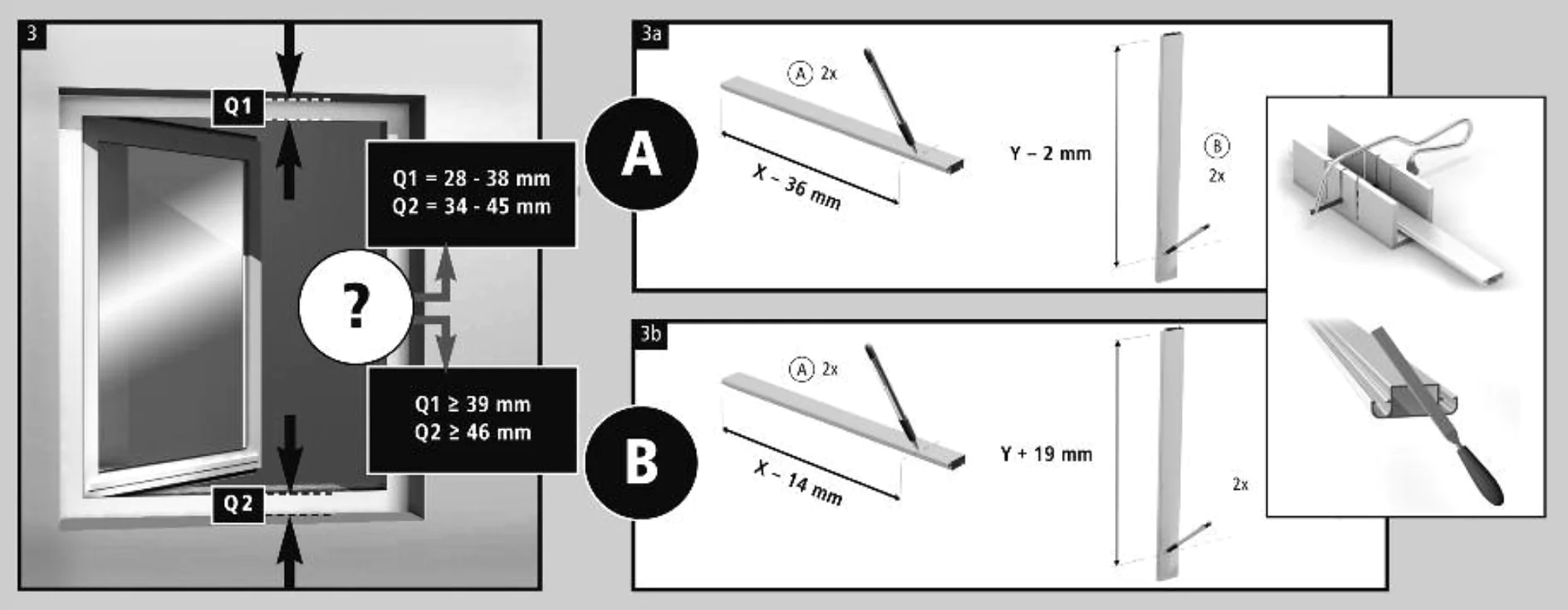 Diagramm zur Erläuterung der Fenstermaße für die Installation. Abschnitt A zeigt die Maße Q1 (28–38 mm) und Q2 (34–45 mm) mit Einsätzen mit der Bezeichnung 3a. Abschnitt B zeigt die Maße Q1 (≥39 mm) und Q2 (≥46 mm) mit Einsätzen mit der Bezeichnung 3b. Angezeigt werden Montagewerkzeuge, darunter verschiedene Tesa-Klebebandoptionen zur effizienten Befestigung von Komponenten während des Installationsvorgangs. (This text has been generated by AI)