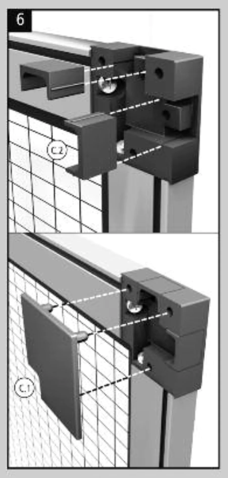 Ein zweiteiliges Diagramm, das die Montage eines Schließmechanismus an einem Maschendrahttor veranschaulicht. Beide Bilder zeigen eine Detailansicht der Bohrlöcher und Ausrichtung für die Befestigung der Schließkomponenten mit Schrauben und deren Sicherung mit Tesa-Band. (This text has been generated by AI)