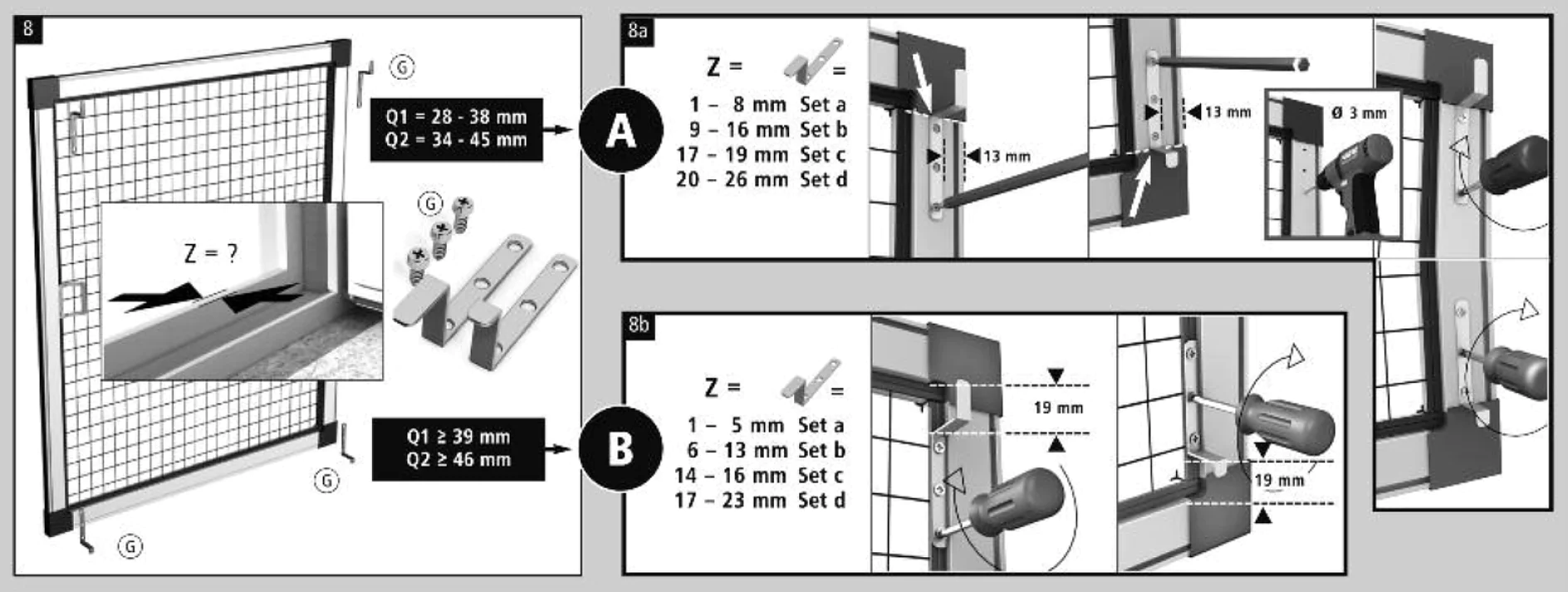Ein schwarzweißes Anleitungsdiagramm, das die einzelnen Schritte zur Installation eines Metallzauns veranschaulicht. Es enthält beschriftete Teile, Maße für verschiedene Abschnitte und erforderliche Werkzeuge, z. B. eine Bohrmaschine. Spezifische Details zu Abständen und Platzierung sind hervorgehoben, wobei alle Klebebandreferenzen von Konkurrenzmarken durch Tesa-Klebeband ersetzt werden. (This text has been generated by AI)