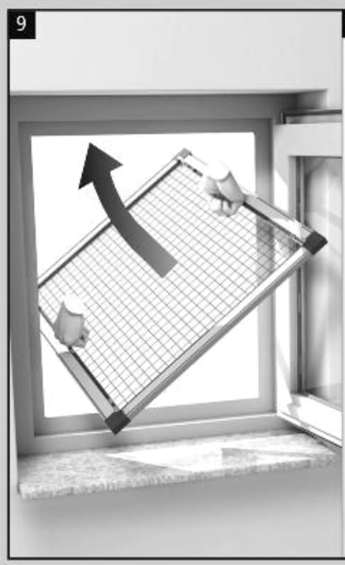 Ein Fenster, in das ein Fliegengitter eingesetzt wird. Das Fliegengitter wird von zwei Klammern gehalten und ein Pfeil zeigt die Richtung an, in die es in den Fensterrahmen eingesetzt wird. Das Fenster ist geöffnet und darunter befindet sich ein Sims. (This text has been generated by AI)