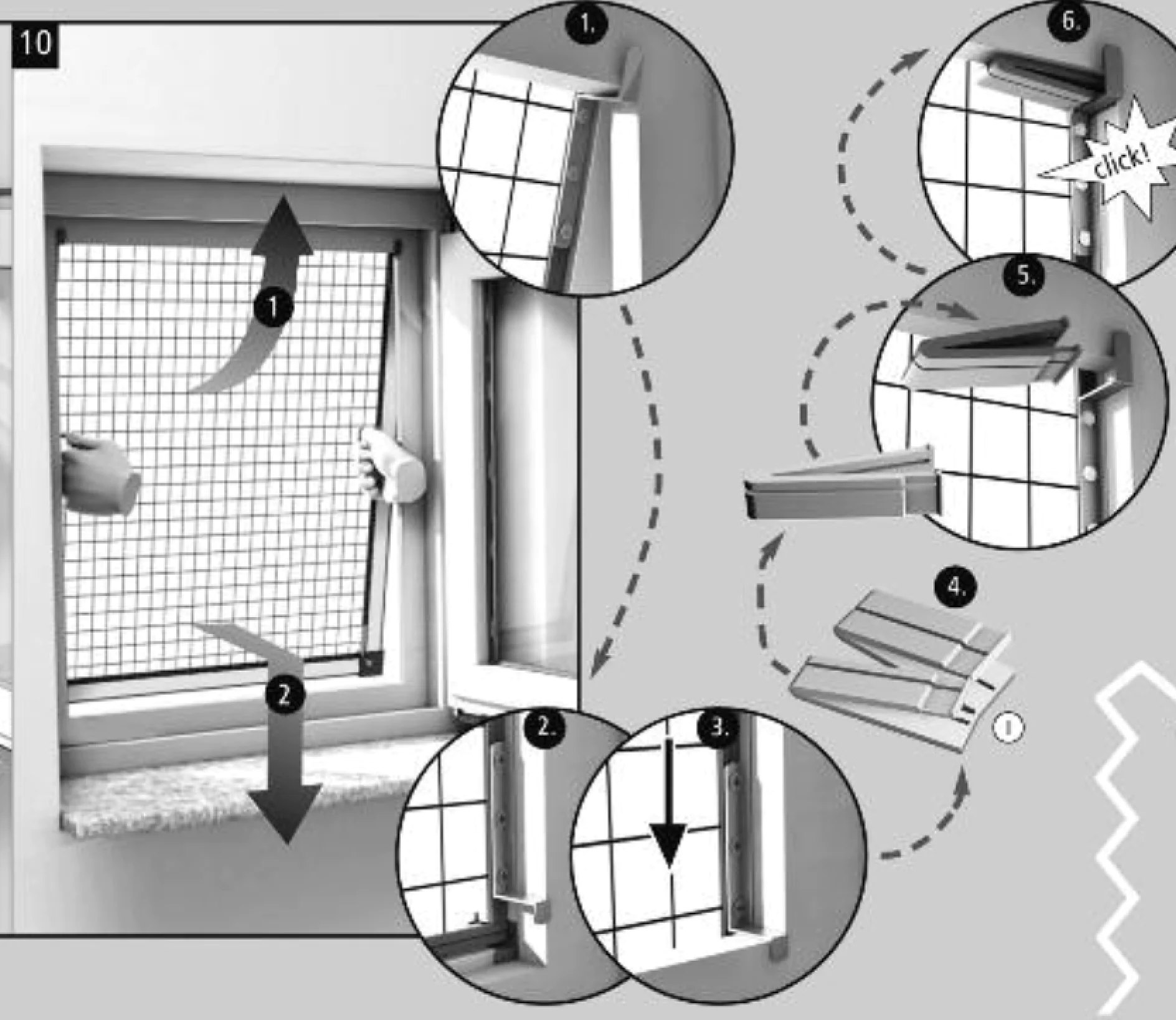 Abbildung, die die schrittweise Installation eines Fenstergitters zeigt. Die Schritte umfassen das Positionieren des Gitters, das Befestigen mit Tesa-Klebeband, das Anbringen von Clips und das Sicherstellen, dass es mit einem Klick einrastet. Pfeile leiten den Vorgang. Zusätzliche Nahaufnahmen zeigen jede Aktion im Detail. (This text has been generated by AI)