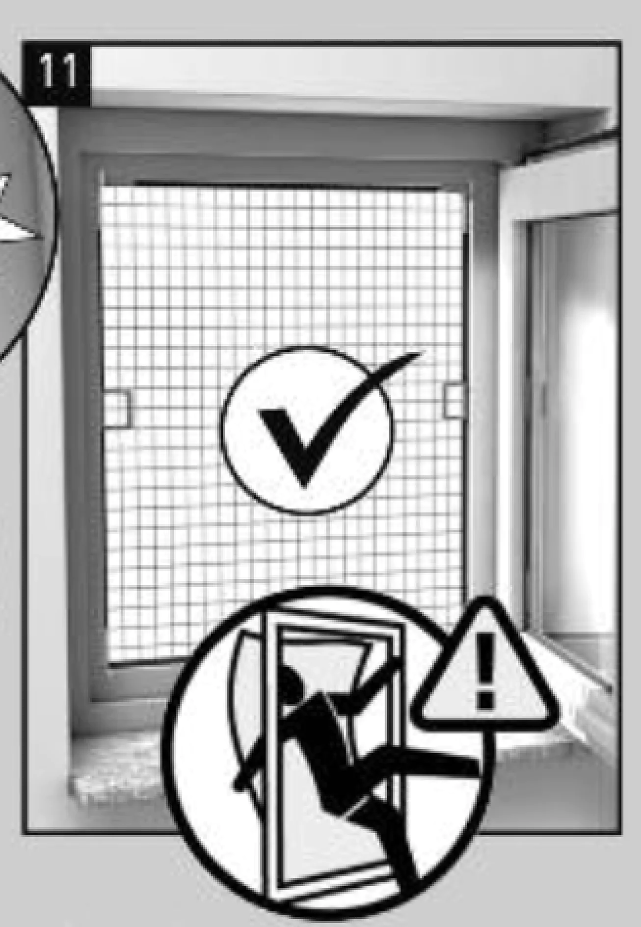 Ein schwarzweißes Anleitungsbild, das ein Fenster mit einem Sicherheitsgitter und einem Häkchen zeigt. Darunter zeigt ein kreisförmiges Symbol eine Person, die durch ein Fenster fällt, mit einem Ausrufezeichen als Warnung. (This text has been generated by AI)
