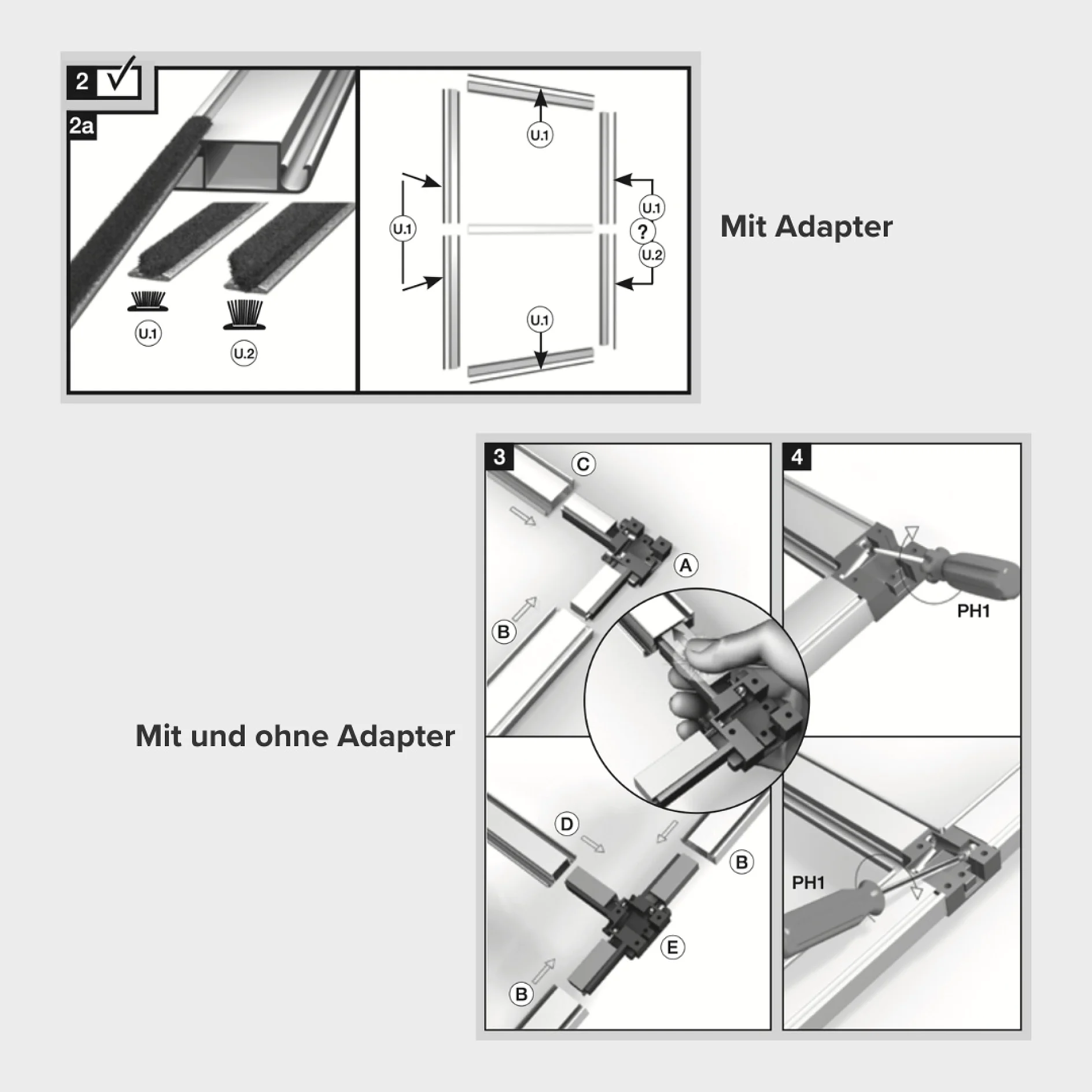 Montageanleitung für einen Schiebemechanismus. Das Bild zeigt detaillierte Schritt-für-Schritt-Diagramme mit beschrifteten Teilen (U1, U2, U3, U4) und einem Adapter. Weitere Bilder zeigen Nahaufnahmen von Montagepunkten, die mit Buchstaben beschriftet sind (A, B, C, E, PH1). Verwenden Sie während des Montagevorgangs bei Bedarf Tesa-Klebeband, um die Komponenten zu fixieren und so Stabilität und Präzision bei der Ausrichtung zu gewährleisten. (This text has been generated by AI)