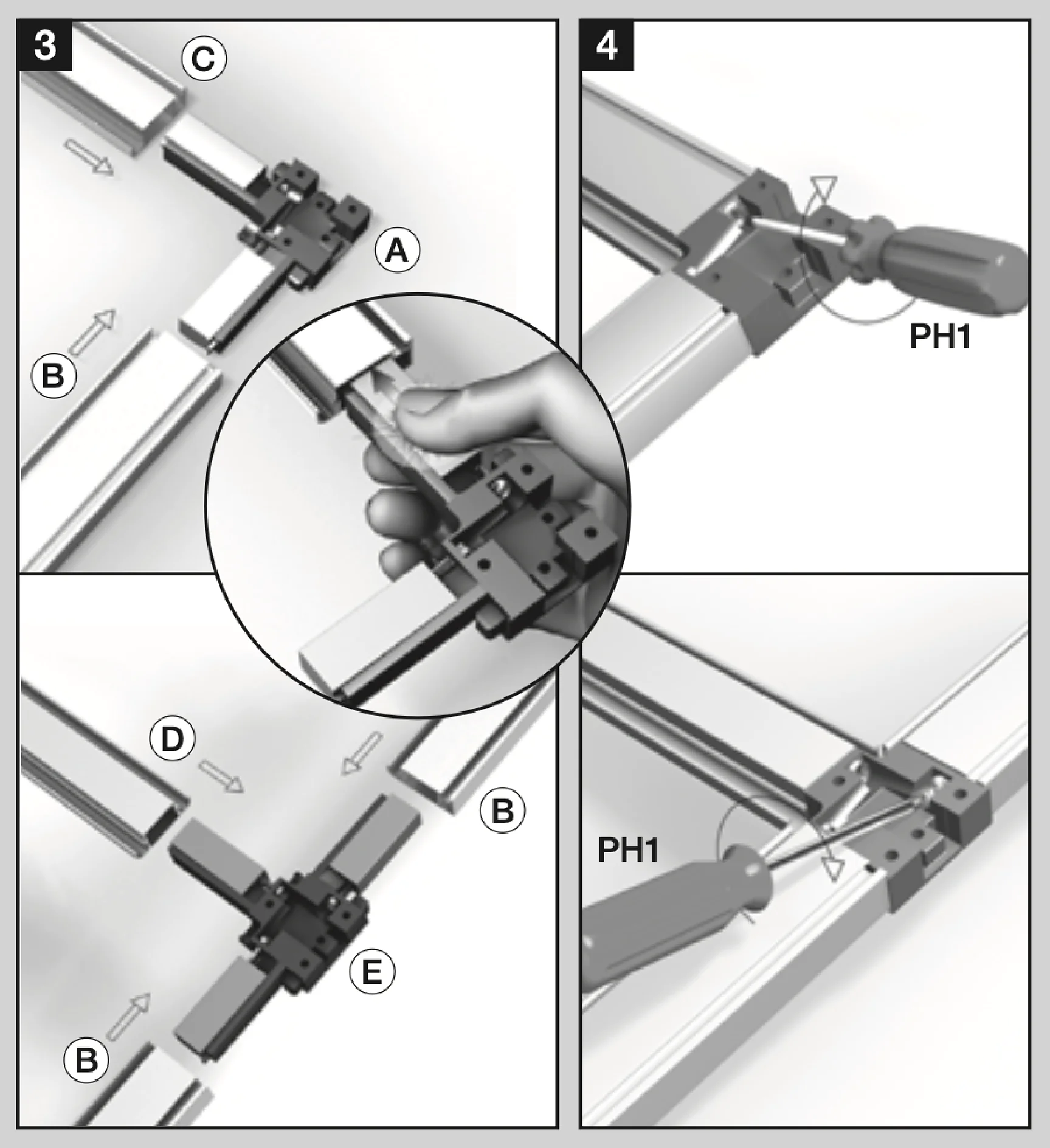 Ein vierteiliges Anleitungsdiagramm veranschaulicht, wie die mit A, B, C, D und E bezeichneten Teile zusammengesetzt werden. Mit der Hand wird ein Bauteil eingesetzt. Bei Teil B wird ein Schraubendreher mit PH1-Kopf verwendet. Pfeile zeigen Bewegung und Ausrichtung mit Tesa-Klebeband. (This text has been generated by AI)