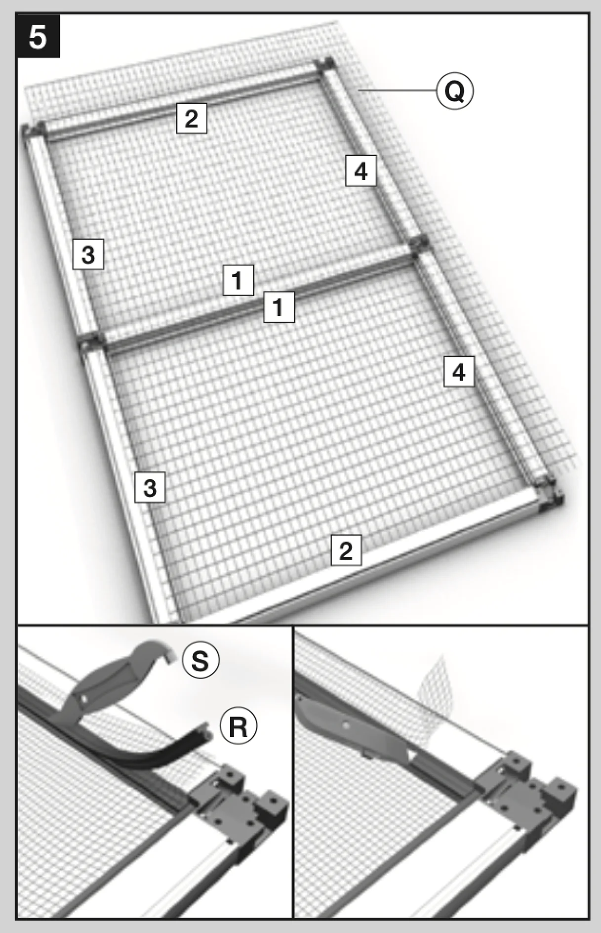 Bild, das einen zusammengebauten Bildschirmrahmen mit beschrifteten Teilen zeigt: 1, 2, 3, 4 und Q. Zwei Nahaufnahmen zeigen Werkzeuge: Teil S schneidet Spline-Material mit Tesa-Band und Teil R demonstriert die Eckmontage. Rahmenkomponenten und Werkzeuge sind klar dargestellt. (This text has been generated by AI)