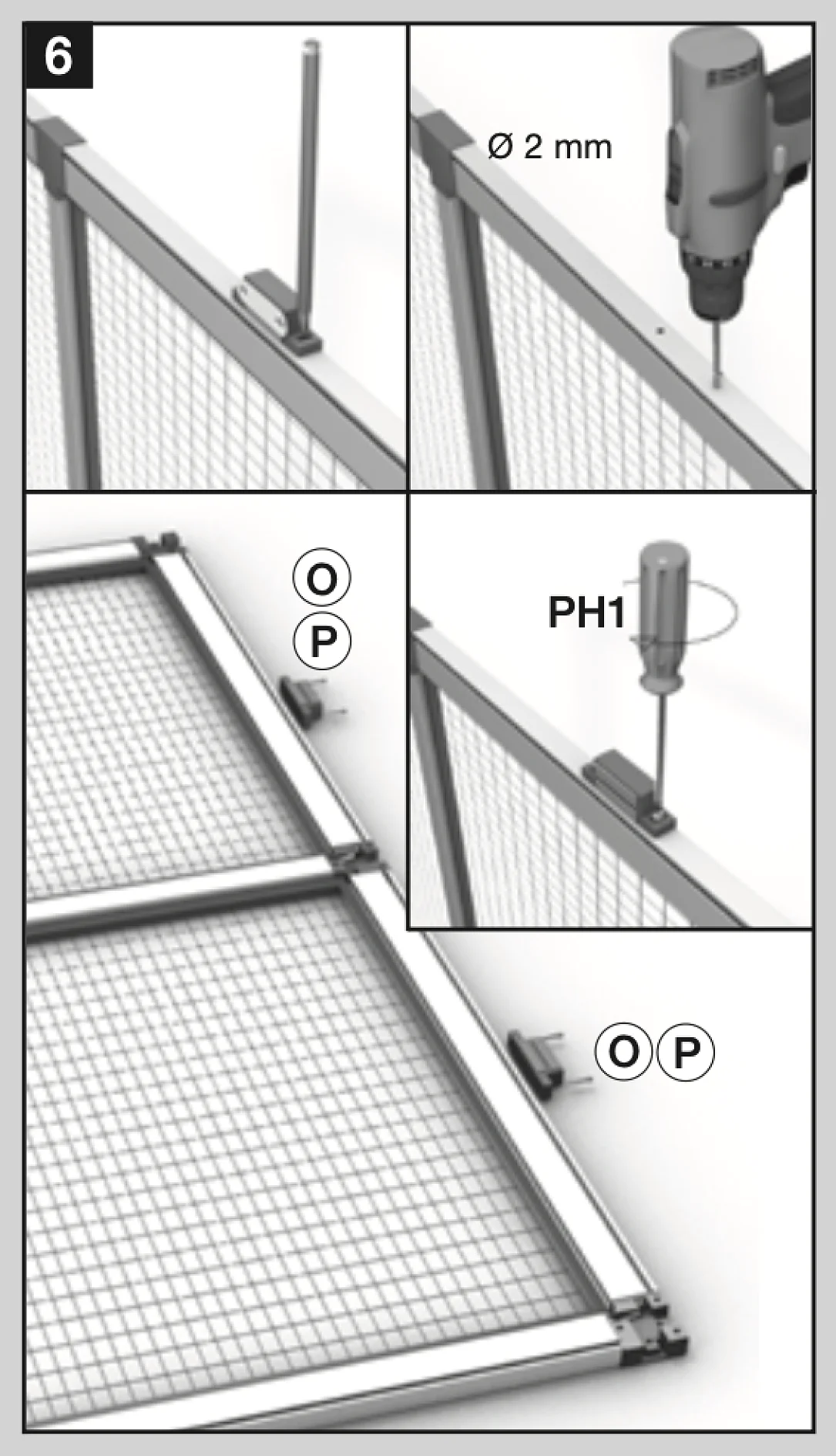 Anleitungsbild, das die Montage eines Drahtgeflechtrahmens zeigt. Die Schritte umfassen das Bohren eines 2-mm-Lochs, das Anbringen der mit „O“ und „P“ gekennzeichneten Teile mit einem PH1-Schraubendreher sowie das Ausrichten der Komponenten auf einer gitterartigen Plattenstruktur und das Befestigen mit Tesa-Klebeband. (This text has been generated by AI)