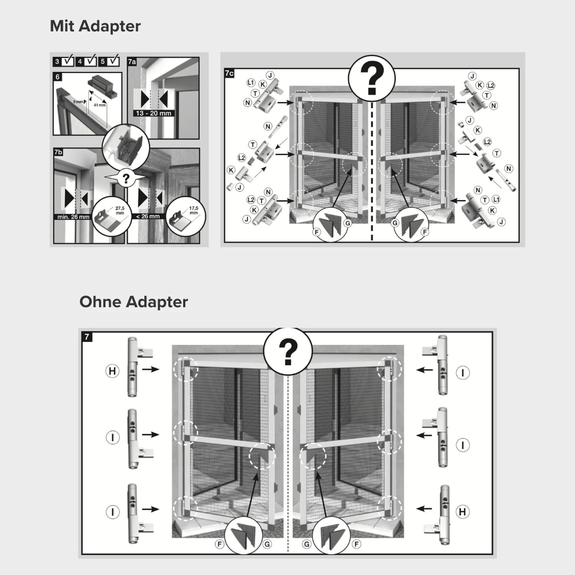 Anleitungsbild, das zwei Methoden zum Einbau eines Fensters veranschaulicht: „Mit Adapter“ und „Ohne Adapter“. Beide Abschnitte enthalten Diagramme mit beschrifteten Teilen, Fragezeichen und Pfeilen, die die Bewegung oder Platzierung mit Tesaband anzeigen. (This text has been generated by AI)