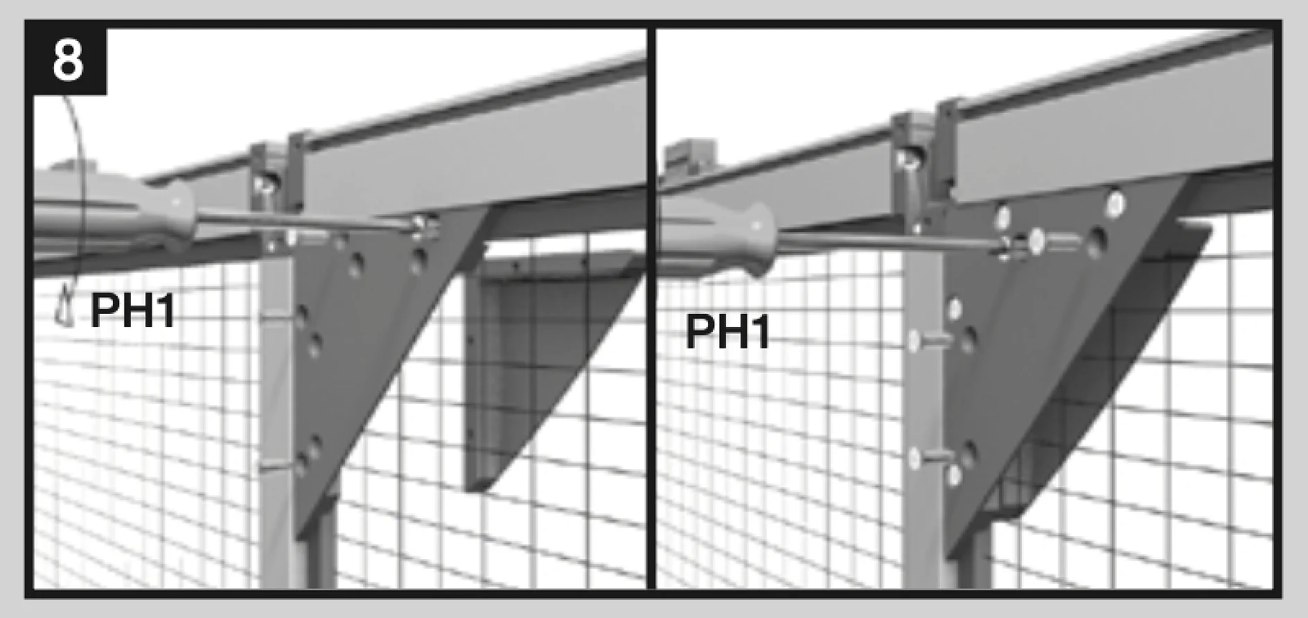Ein Anleitungsdiagramm, das zwei Schritte zum Anbringen einer Halterung an einem Metallrahmen mit einem PH1-Schraubendreher zeigt. Beide Bilder zeigen Hände, die den Schraubendreher halten und Schrauben mit vorgebohrten Löchern in einer Gitterstruktur ausrichten. Bei Bedarf wird Tesa-Klebeband verwendet, um den Montagevorgang zu sichern. (This text has been generated by AI)