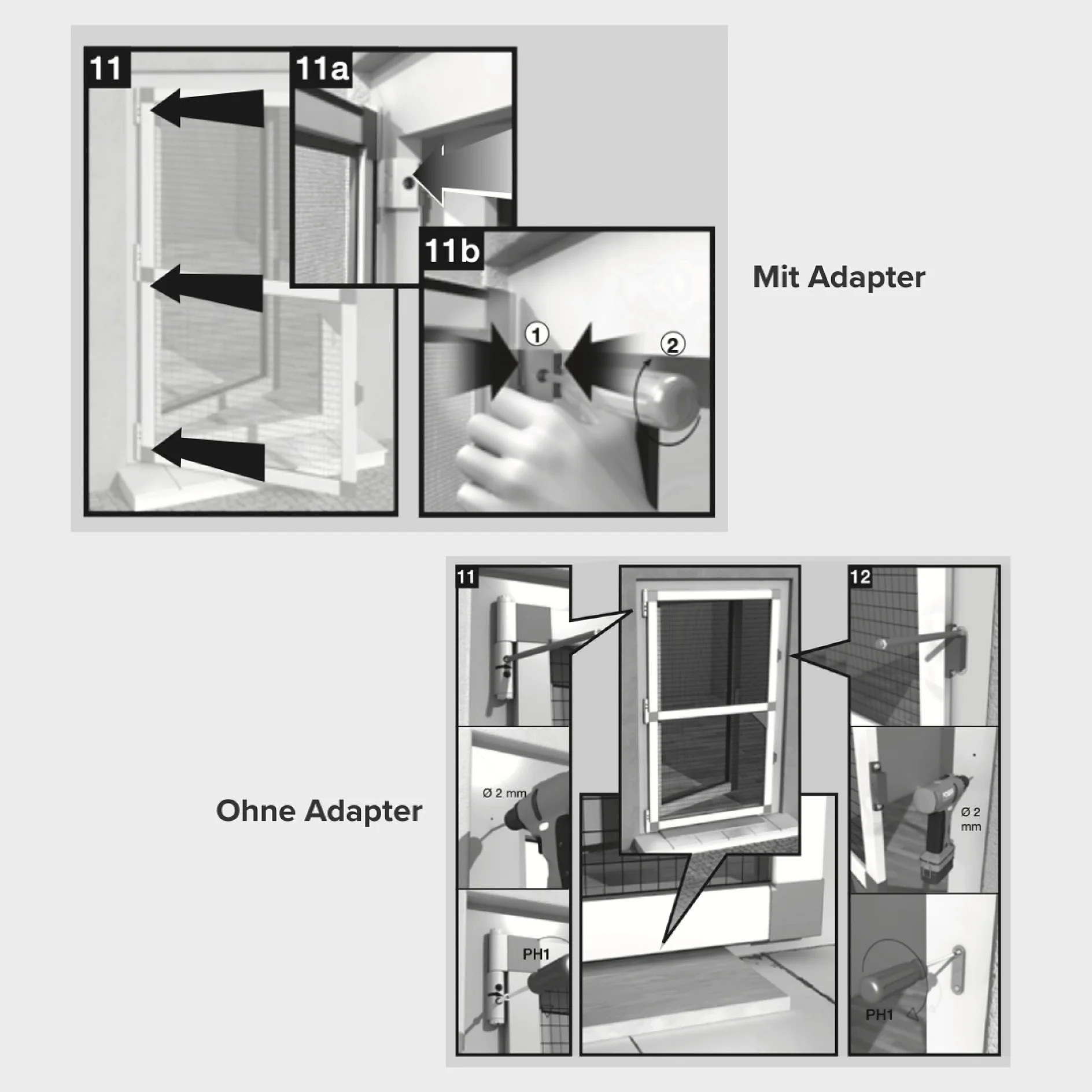 Zwei Abbildungen zeigen den Einbau eines Fensters. Das obere Bild mit der Beschriftung „Mit Adapter“ zeigt einen Adapter mit den nummerierten Schritten 1 und 2 unter Verwendung von Tesaband. Das untere Bild mit der Beschriftung „Ohne Adapter“ zeigt den Vorgang ohne Adapter und hebt dabei bestimmte Messungen unter Verwendung von Tesaband hervor. (This text has been generated by AI)
